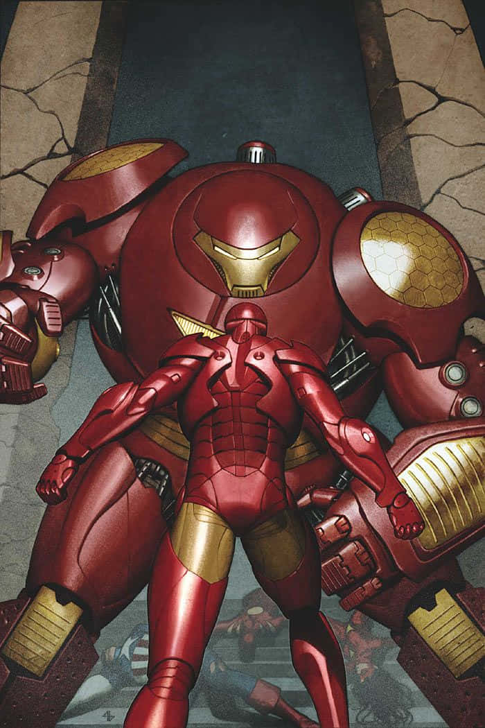 Iron Man Fan Art 桌布 壁紙 — 一個高聳的紅色和金色裝甲人物在裂開的石頭走廊中保護性地站在一個較小的裝甲英雄上方。