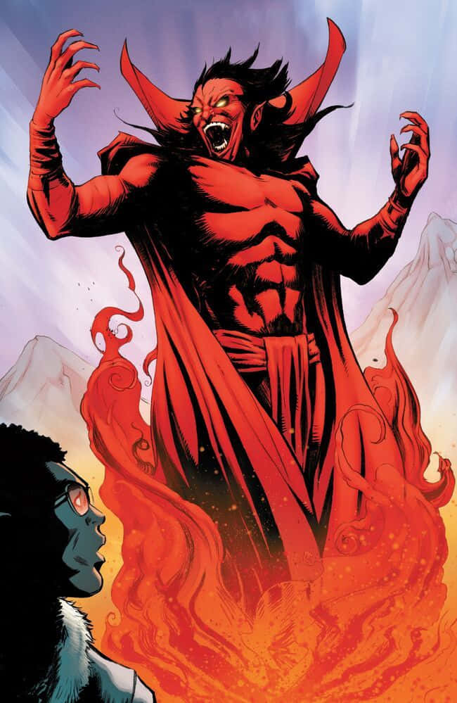 Masters Of Evil 桌布 壁紙 — 一個高聳的紅色惡魔，長有角，披著飄逸的斗篷，在群山景觀上威嚇地咆哮，一個小人影敬畏地仰望。