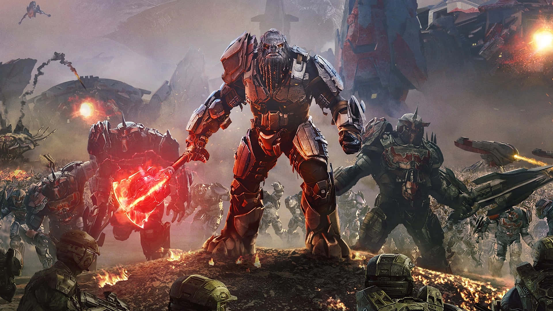 Atriox 桌布 壁紙 — 一個高聳的紅色裝甲戰士在機械士兵和爆炸的混亂戰場上揮舞著發光的斧頭。