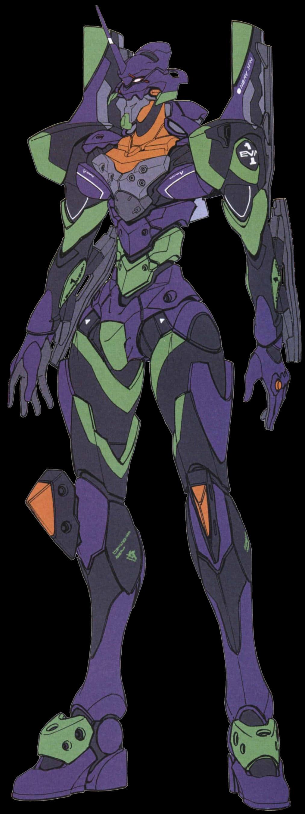 Eva-03 桌布 壁紙 — 一個高聳的紫綠色生物機械人形機甲，在黑色背景上帶有發光的橙色點綴。