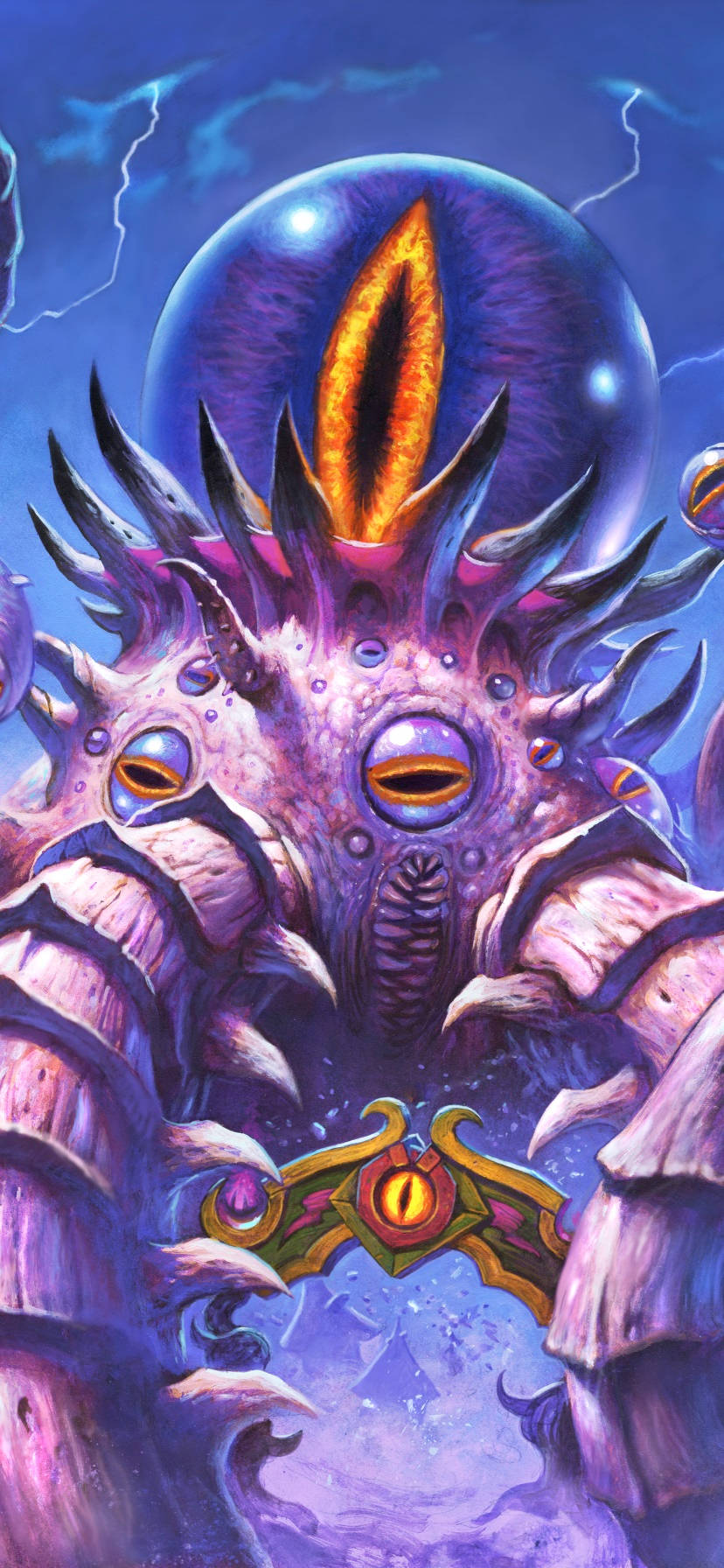 遊戲 桌布 壁紙 — 一個高聳的紫色外星生物，擁有發光的橙色眼睛和頭頂上一個巨大的中央眼睛，主宰著暴風雨的藍色天空。