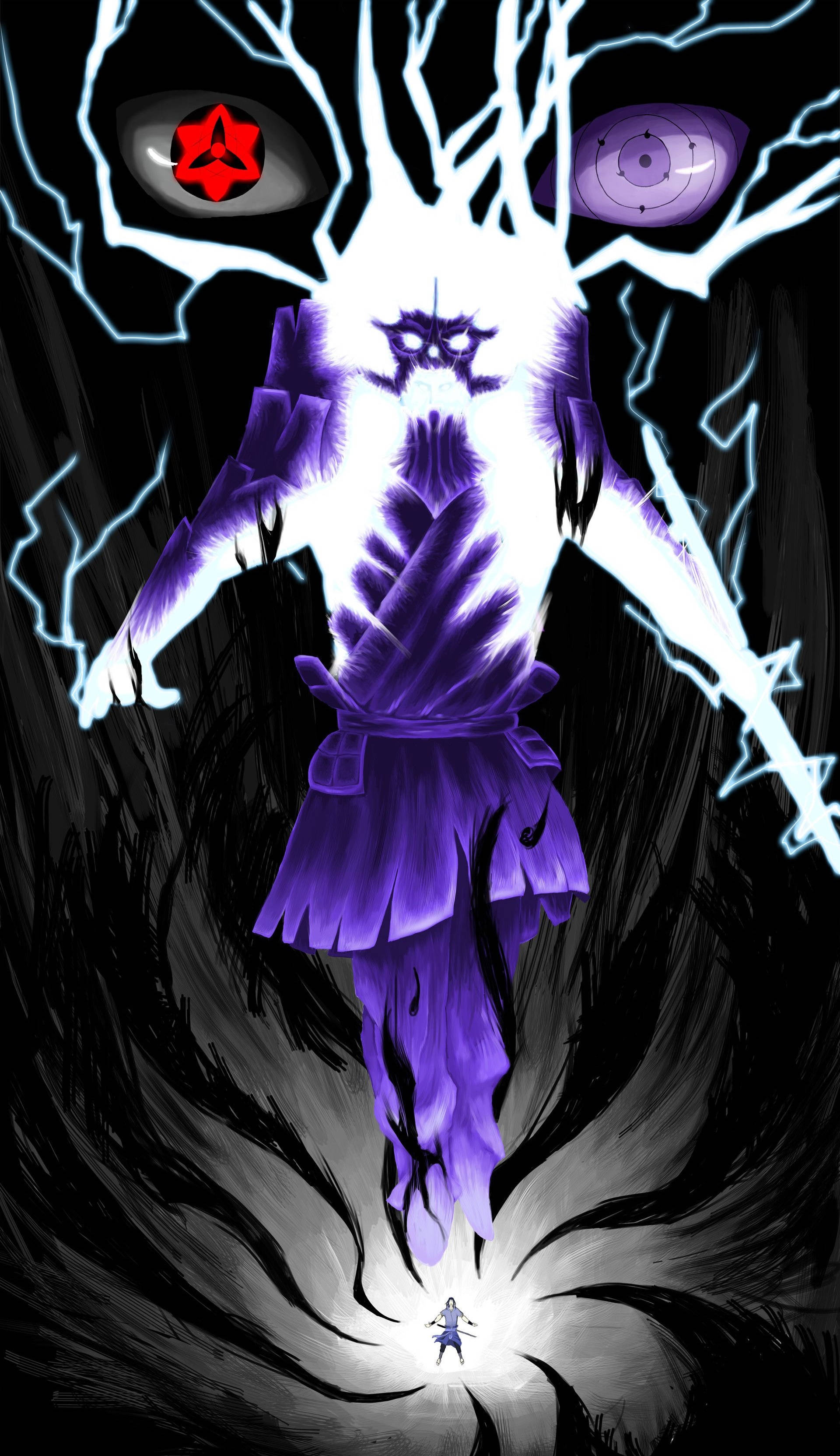 sasuke uchiha 桌布 壁紙 — 一個高聳的紫色忍者，帶有發光的白色閃電和兩隻巨大的眼睛，俯視著下方一個微小的人物。