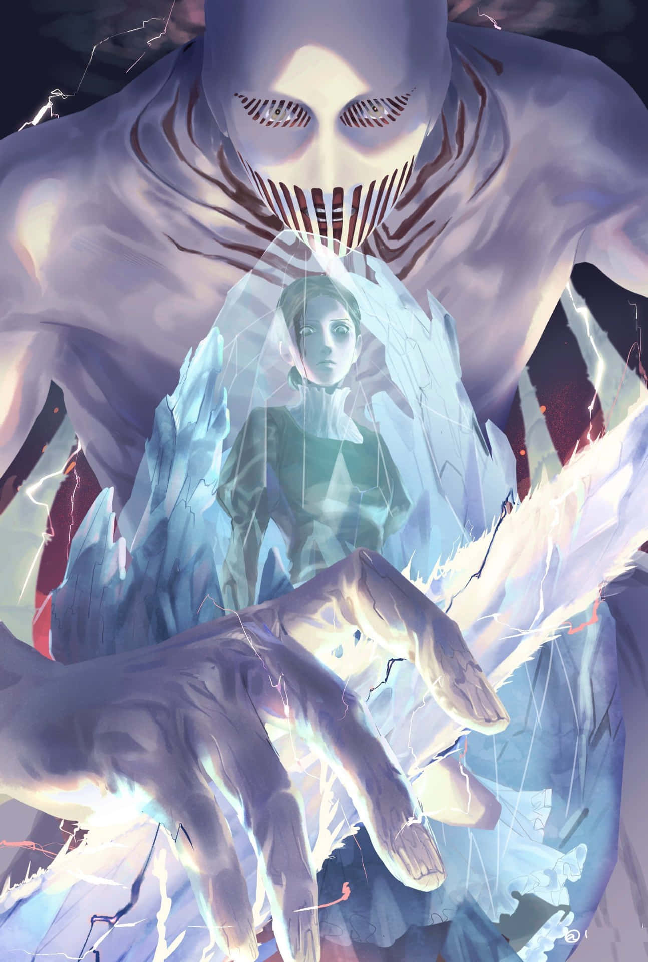 War Hammer Titan 桌布 壁紙 — 一個高聳的蒼白巨人，有著發光的眼睛和鋸齒狀的牙齒，將一名年輕女子包裹在發光的冰中，閃電在他們周圍劈啪作響。