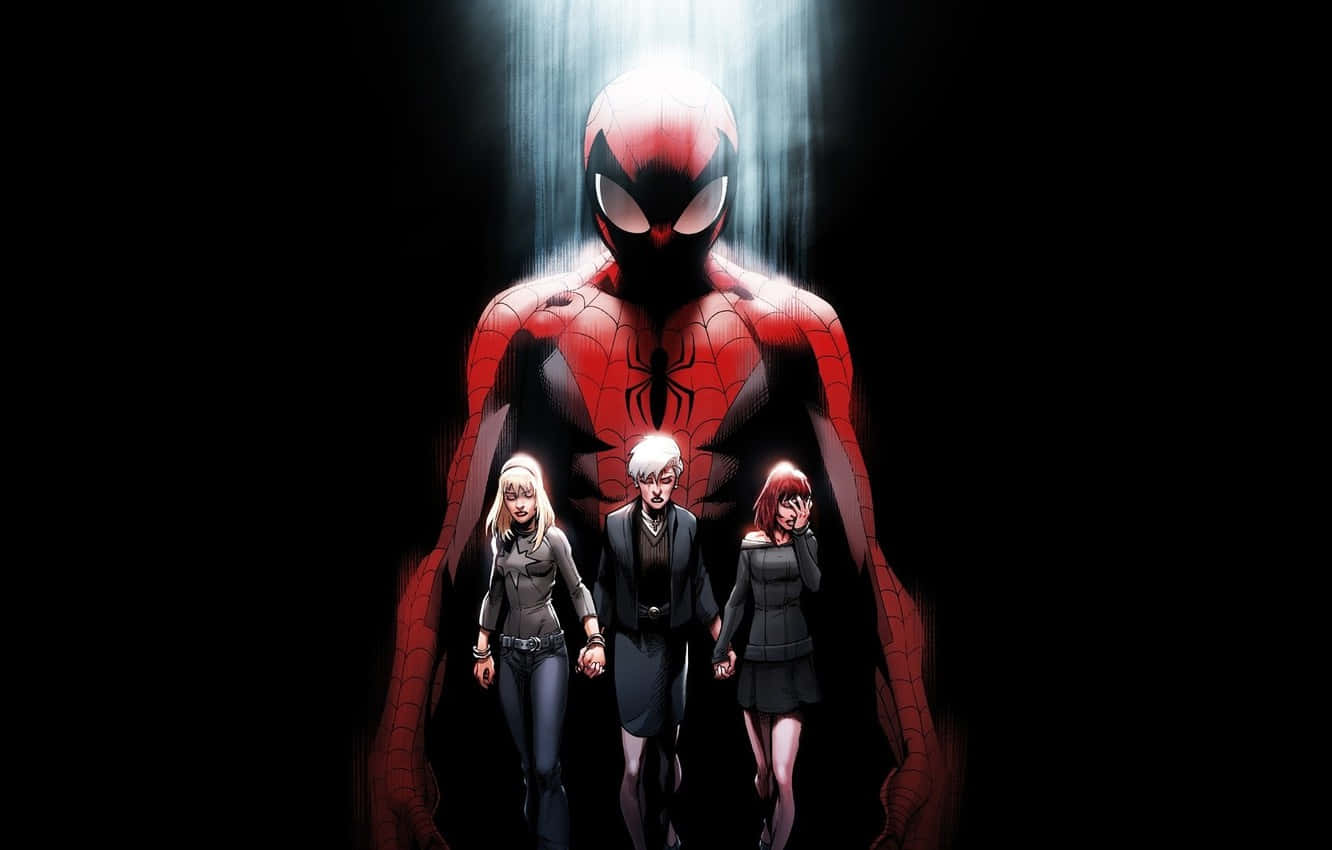 Gwen Stacy 桌布 壁紙 — 一個高聳的蜘蛛俠站在戲劇性的背光中，將三個年輕同伴的輪廓映襯在嚴峻的黑色虛空之上。