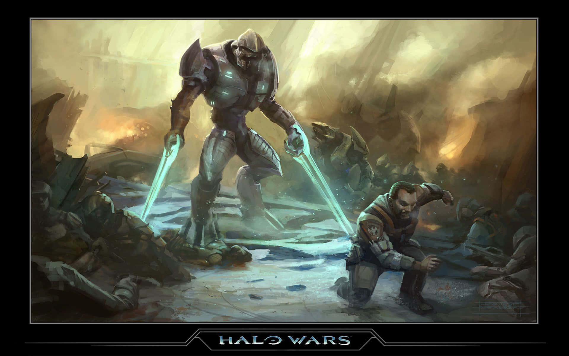 Halo Arbiter 桌布 壁紙 — 一個高聳的裝甲戰士在瓦礫和煙霧的戰場上，對着一個跪着的士兵揮舞着發光的劍。