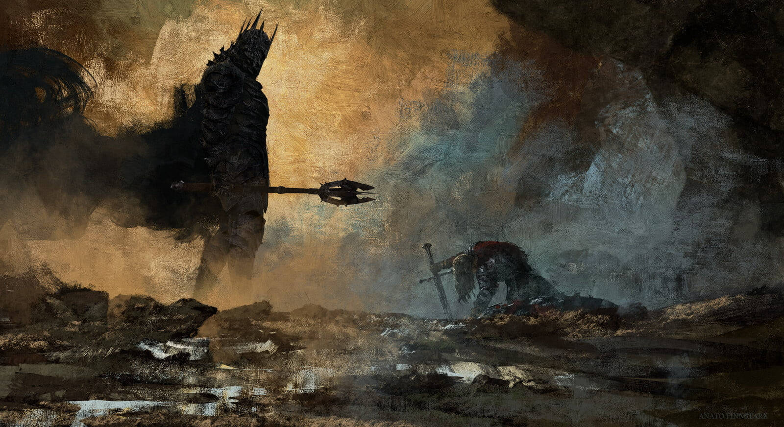 Lord Of The Rings Landscape 桌布 壁紙 — 一個高聳的裝甲戰士手持三叉戟，站在煙霧瀰漫的戰場上，腳下是倒下的敵人，天空戲劇性十足。