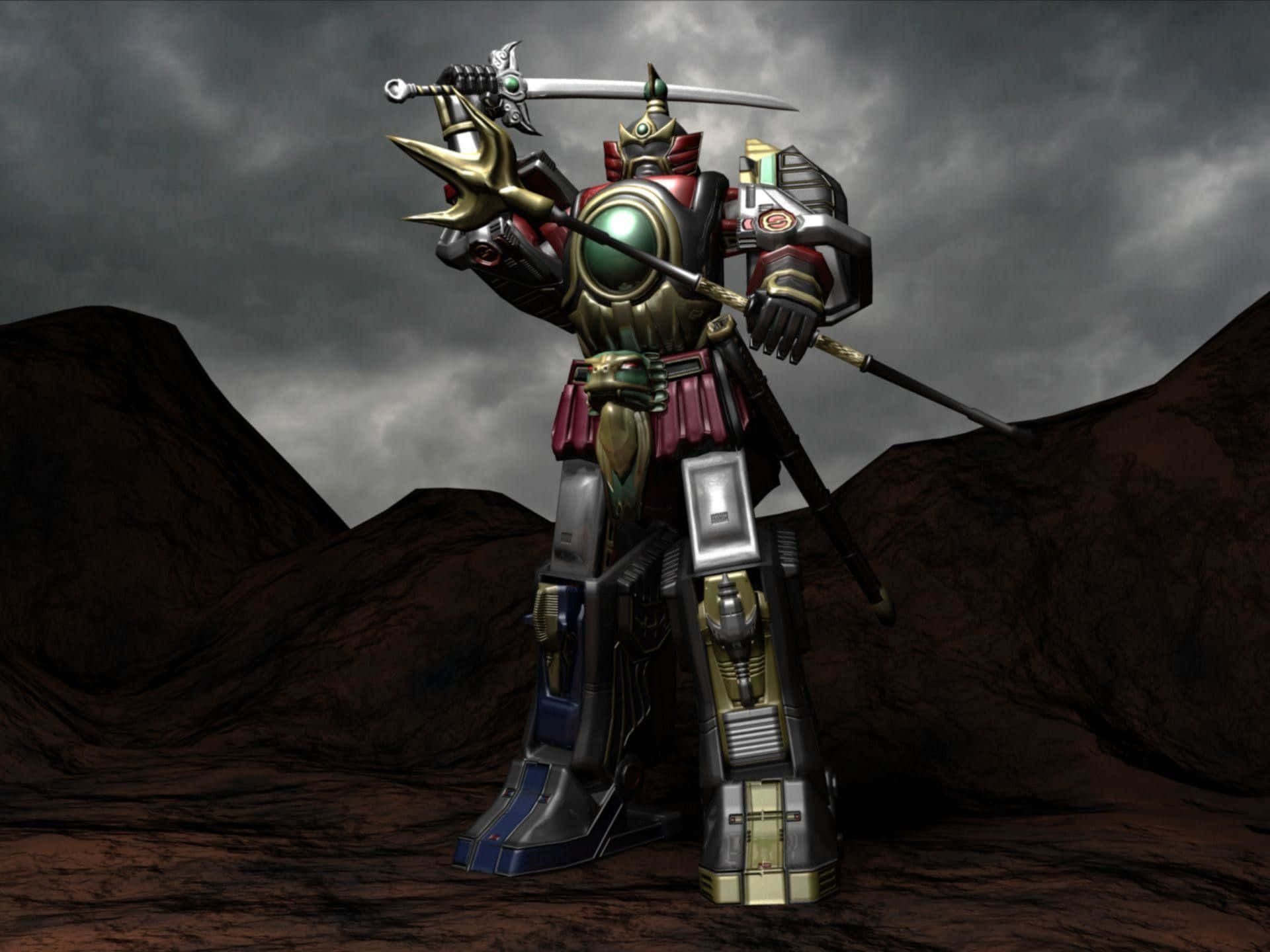 Power Rangers 桌布 壁紙 — 一個高聳的裝甲機械人戰士手持劍和矛，在荒涼的紅色山丘上，面對暴風雨的天空，蓄勢待發。