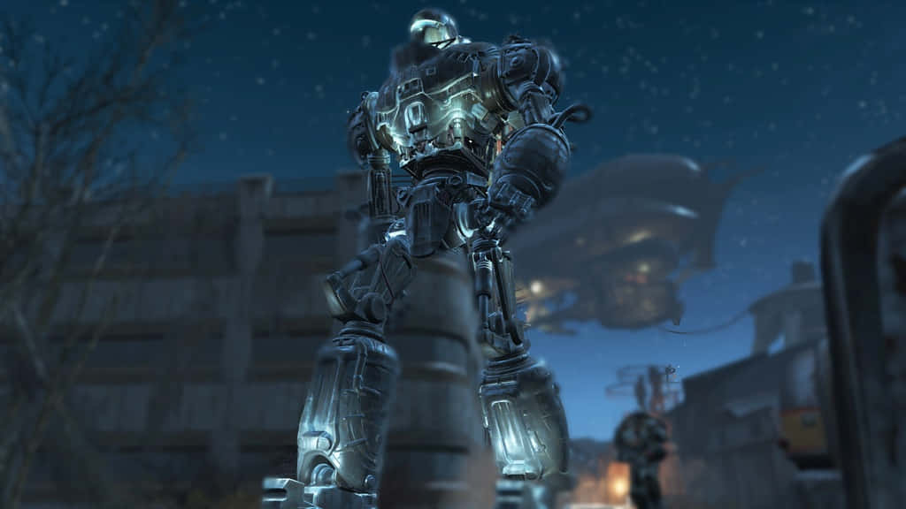 Liberty Prime 桌布 壁紙 — 一個高聳的裝甲機械人站在夜晚廢墟城市中，星空下背景有飛行車輛。