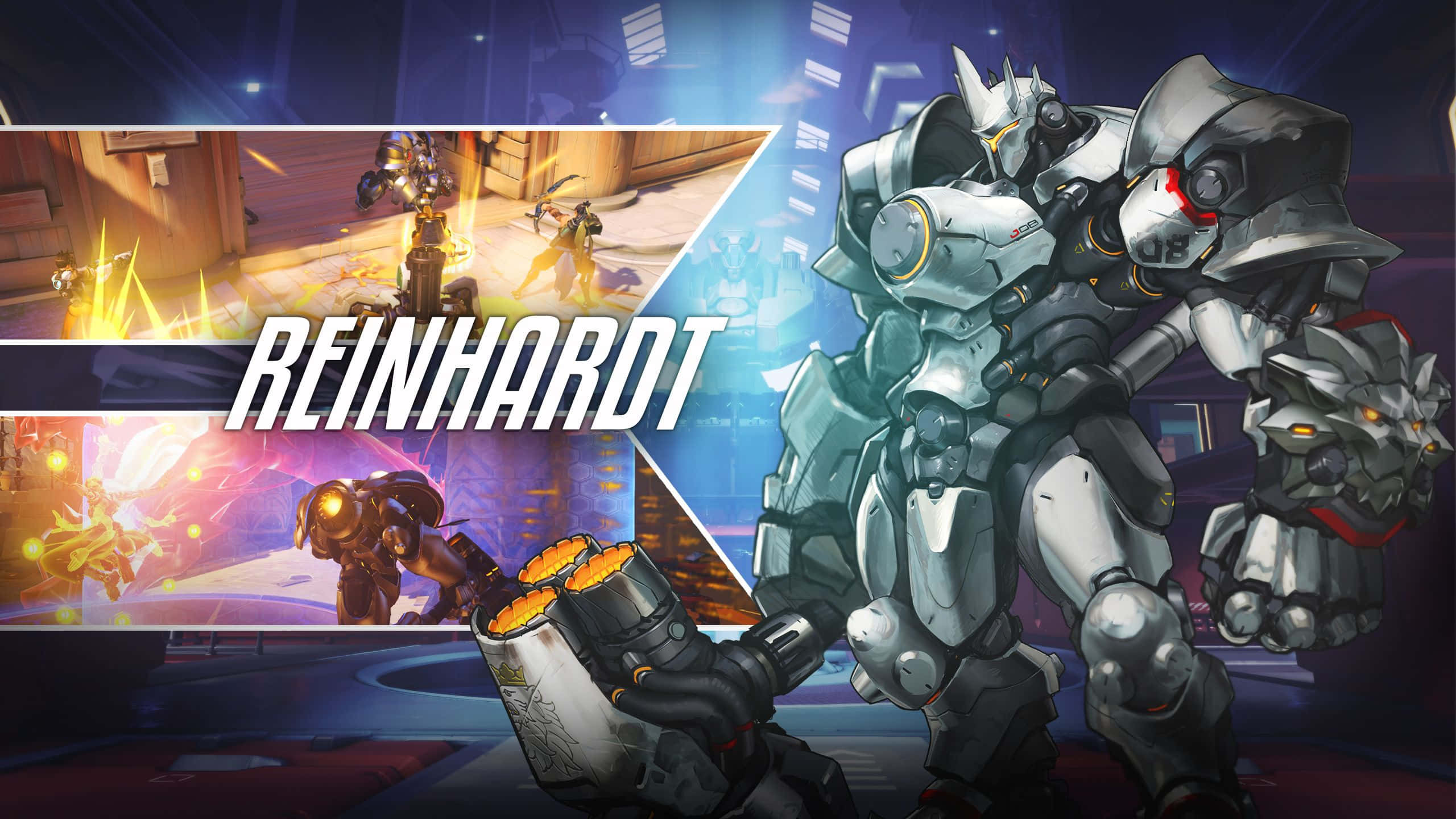 Overwatch Reinhardt 桌布 壁紙 — 一個高聳的裝甲萊因哈特在一個動態的遊戲場景中準備就緒，身後有戰鬥動作面板。
