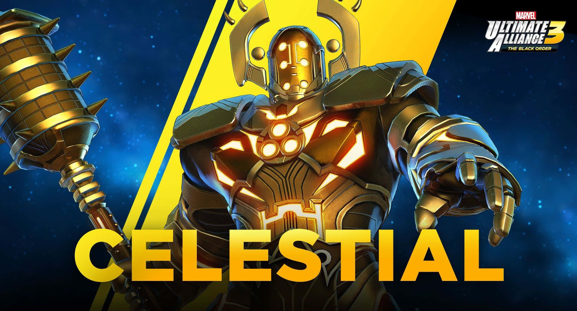 Celestials 桌布 壁紙 — 一個高聳的金色裝甲天神站在星光宇宙背景下，帶有發光的橙色點綴和醒目的黃色標題。