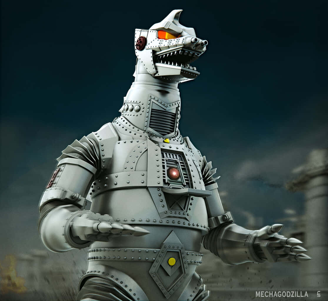 mechagodzilla 桌布 壁紙 — 一個高聳的銀色機械怪物，擁有發光的紅色眼睛和鋒利的爪子，站在黑暗的暴風雨天空下。