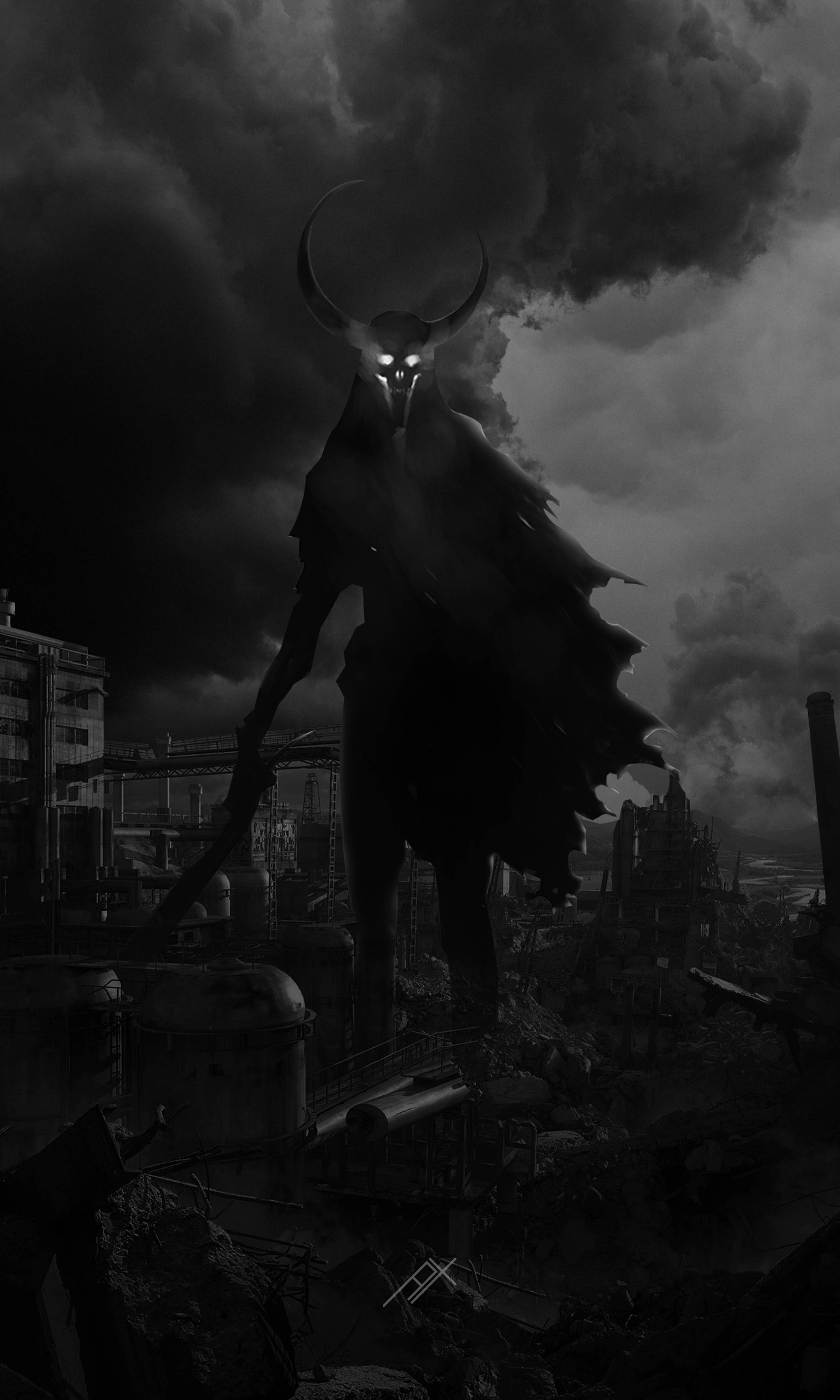 惡魔 桌布 壁紙 — 一個高聳的長角惡魔，眼睛發光，籠罩在暴風雨天空下的廢墟城市景觀之上。