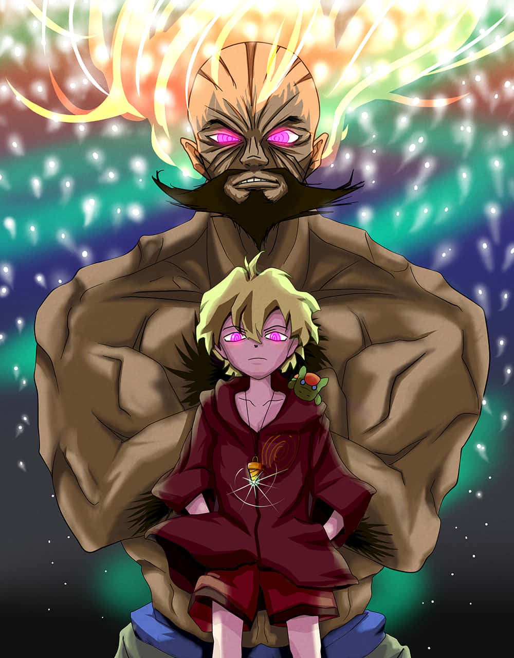 Lordgenome 桌布 壁紙 — 一個高聳肌肉發達的動漫男人，擁有發光的頭髮和粉紅色的眼睛，在星空宇宙背景下抱著一個穿著紅色長袍的小孩。