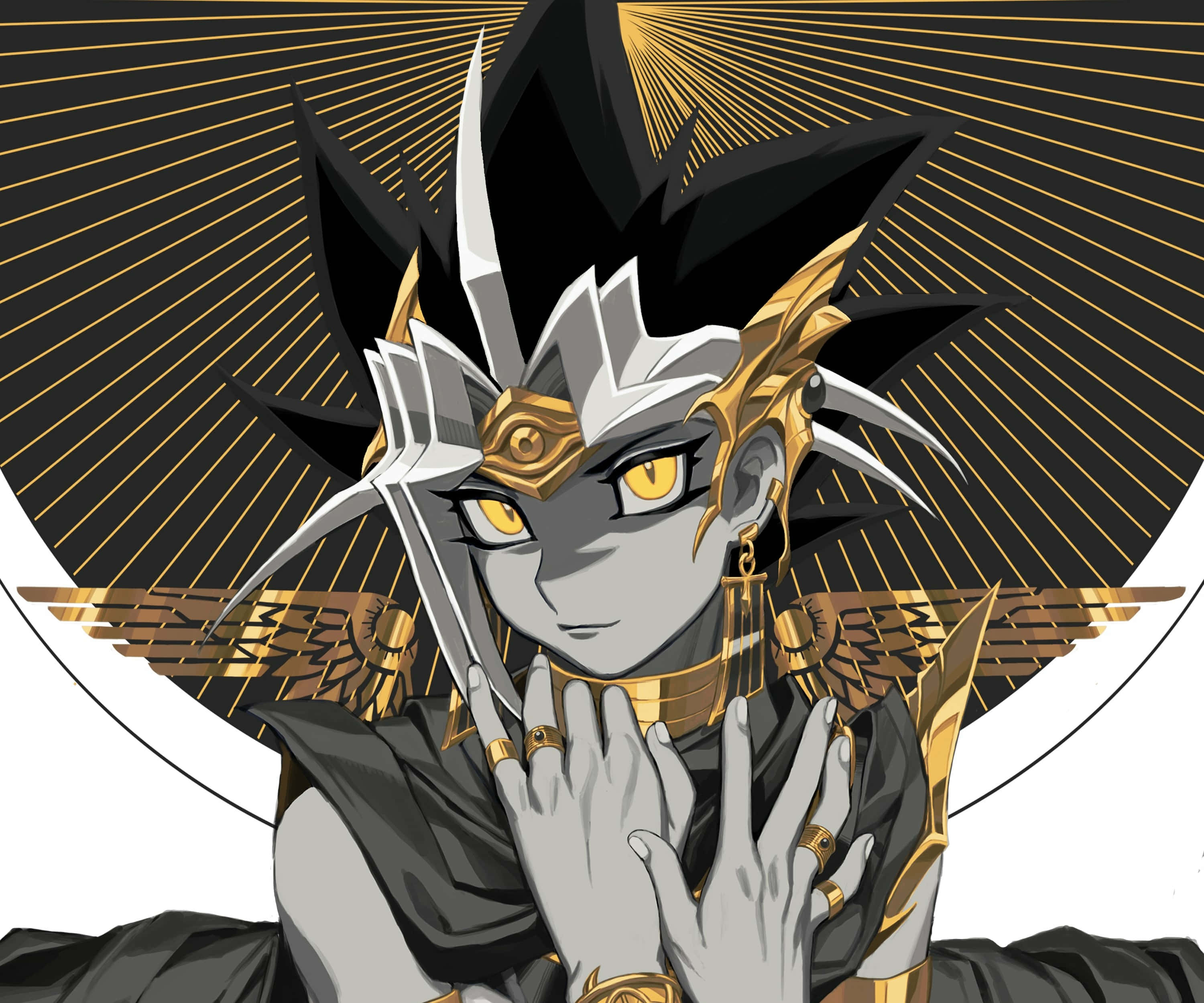 Yami Yugi 桌布 壁紙 — 一個高貴的動漫角色，擁有金色眼睛和華麗的黑金盔甲，站在燦爛的太陽光線背景前。