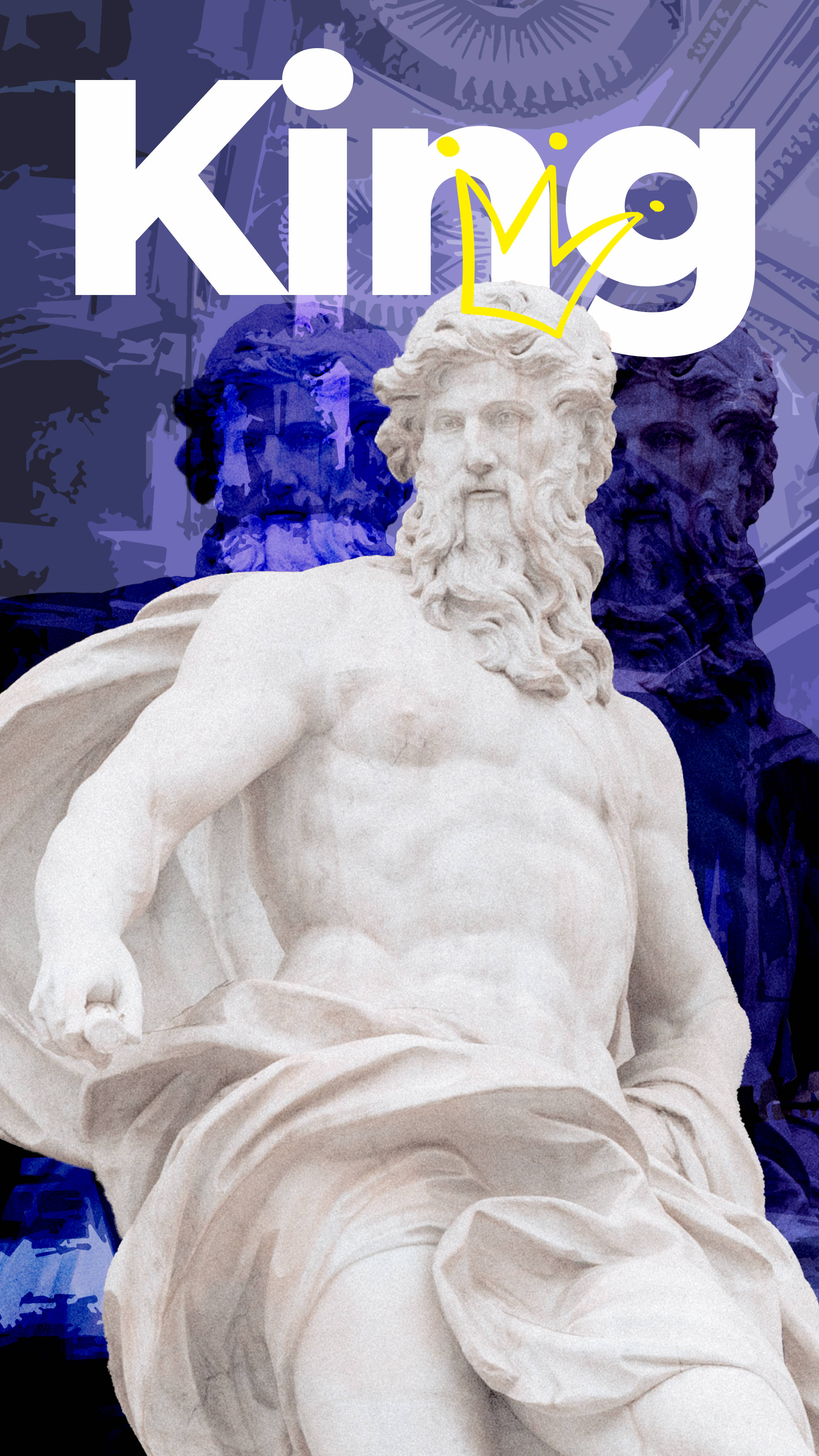 Statue Aesthetic 桌布 壁紙 — 一個鬍鬚國王的雄偉大理石雕像，戴著王冠，疊加在粗體白色文字 'King' 上，背景為深藍色紋理。