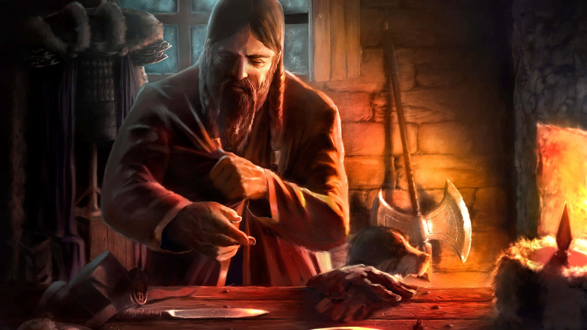 Blacksmith 桌布 壁紙 — 一個鬍鬚戰士在昏暗的石屋中，靠燭光磨利刀刃，附近靠著一把斧頭。