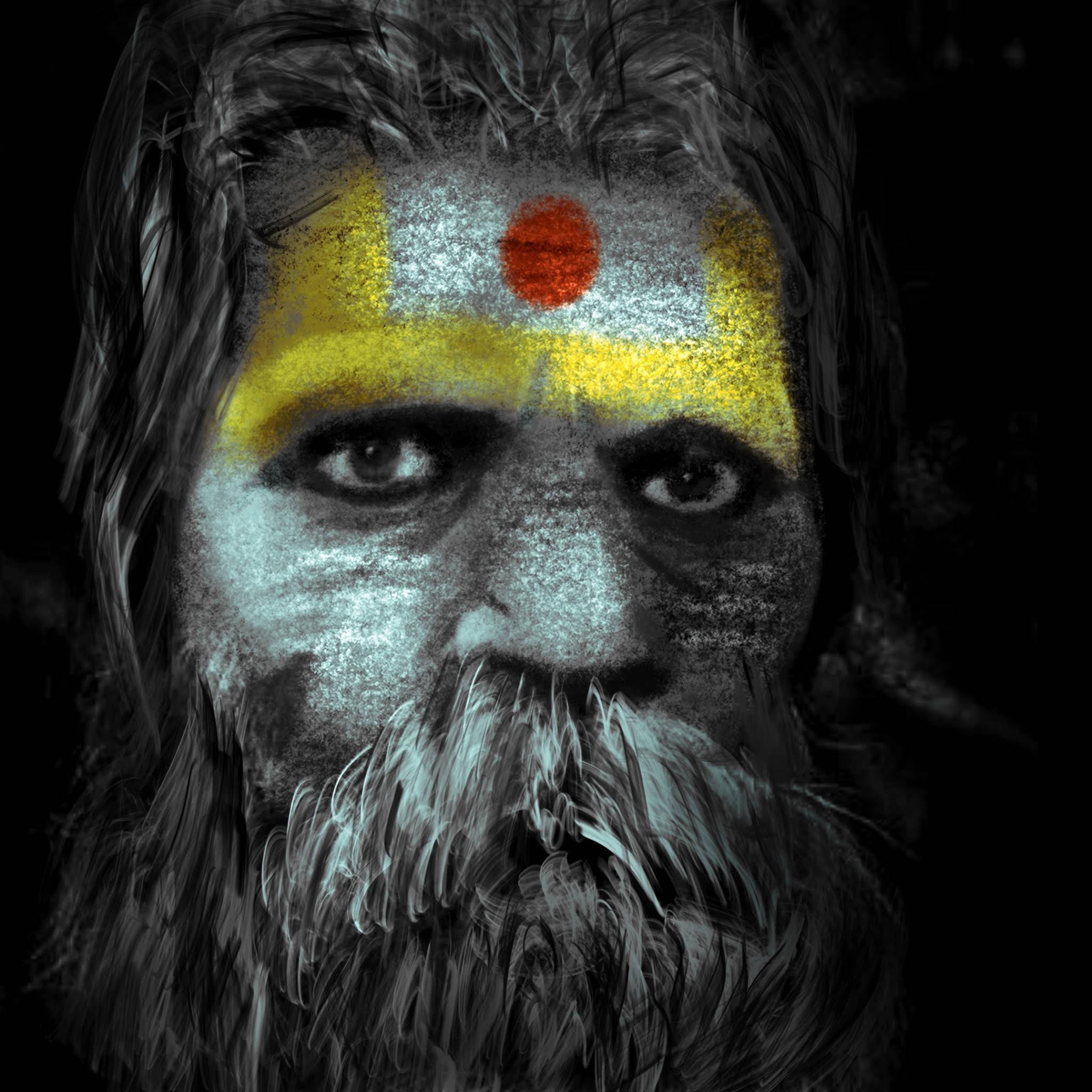 Aghori 桌布 壁紙 — 一個鬍鬚男人的特寫，眼神強烈，額頭上有傳統的黃色和紅色標記，背景為深色。