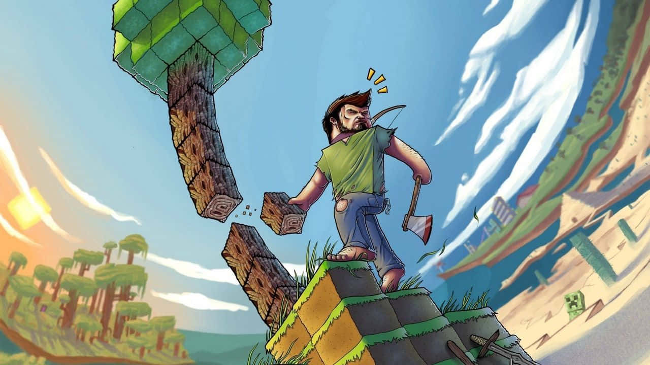 Minecraft Fan Art 桌布 壁紙 — 一個鬍鬚男人穿著綠色襯衫，在一個方塊狀的Minecraft風格世界中，夕陽天空下砍伐一個漂浮的樹木方塊。