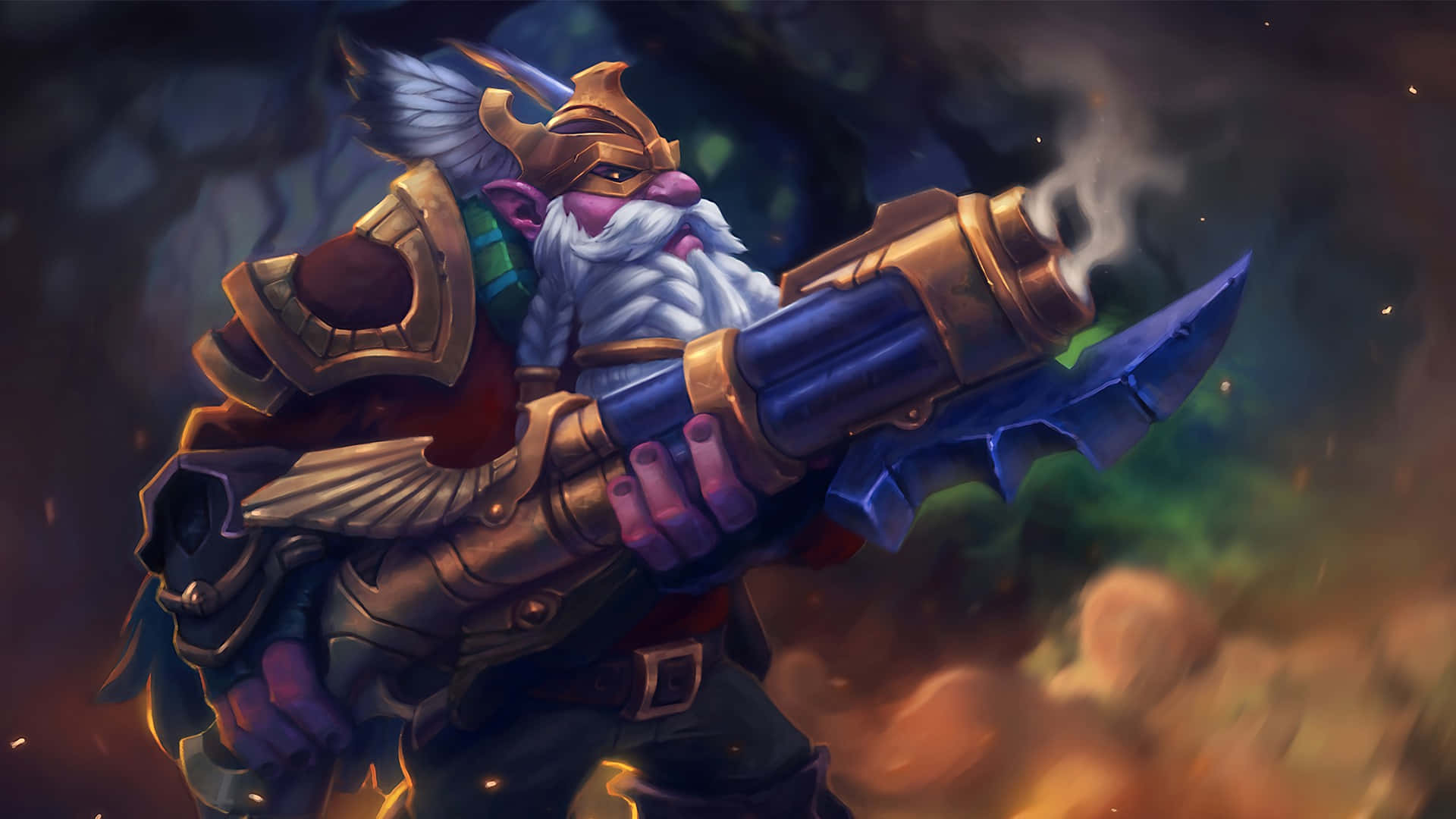 Dota 2 Sniper 桌布 壁紙 — 一個鬍鬚矮人戰士身穿華麗盔甲，在熾熱煙霧背景下揮舞著冒煙的藍色大砲。