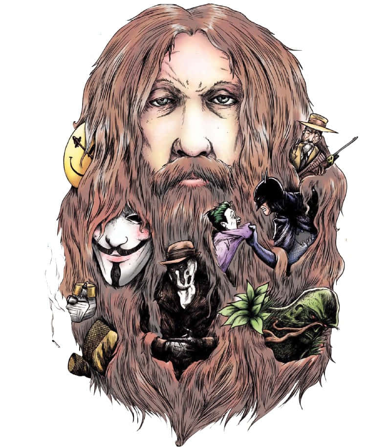Alan Moore 桌布 壁紙 — 一個鬍鬚長髮男子的風格化插圖，他的鬍鬚和頭髮充滿了標誌性的流行文化人物，如蝙蝠俠、小丑和蓋伊·福克斯。
