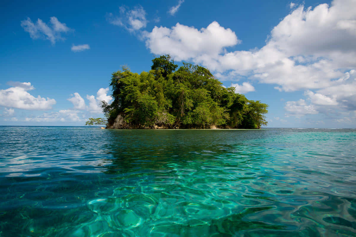 Jamaican Island 桌布 壁紙 — 一個鬱鬱蔥蔥的熱帶島嶼從清澈的碧綠海水中升起，上方是明亮的藍天和蓬鬆的白雲。