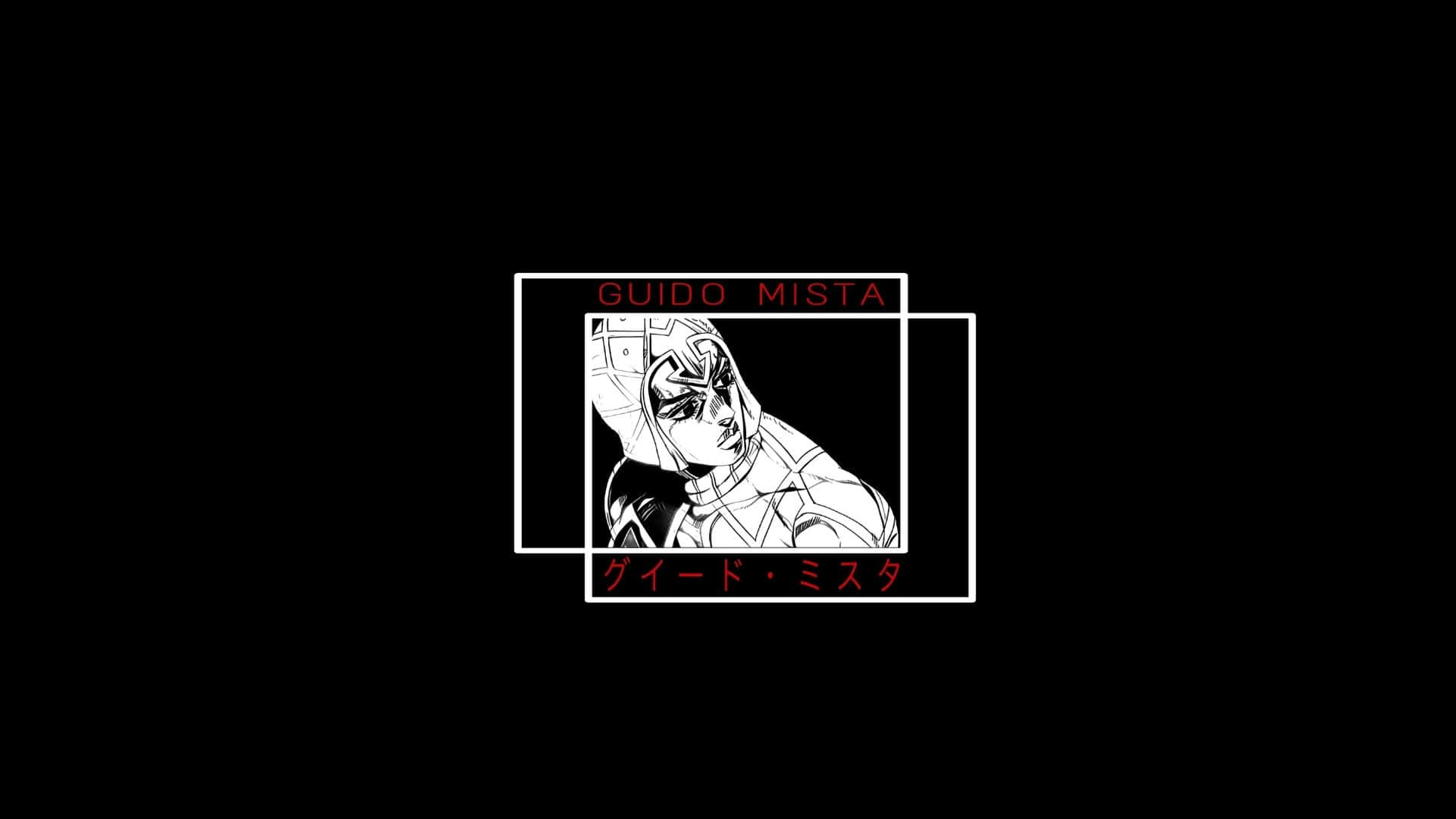 Guido Mista 桌布 壁紙 — 一個鮮明嘅黑白動畫肖像，主角係 Guido Mista，由重疊嘅白色長方形框住，上下有紅色文字。