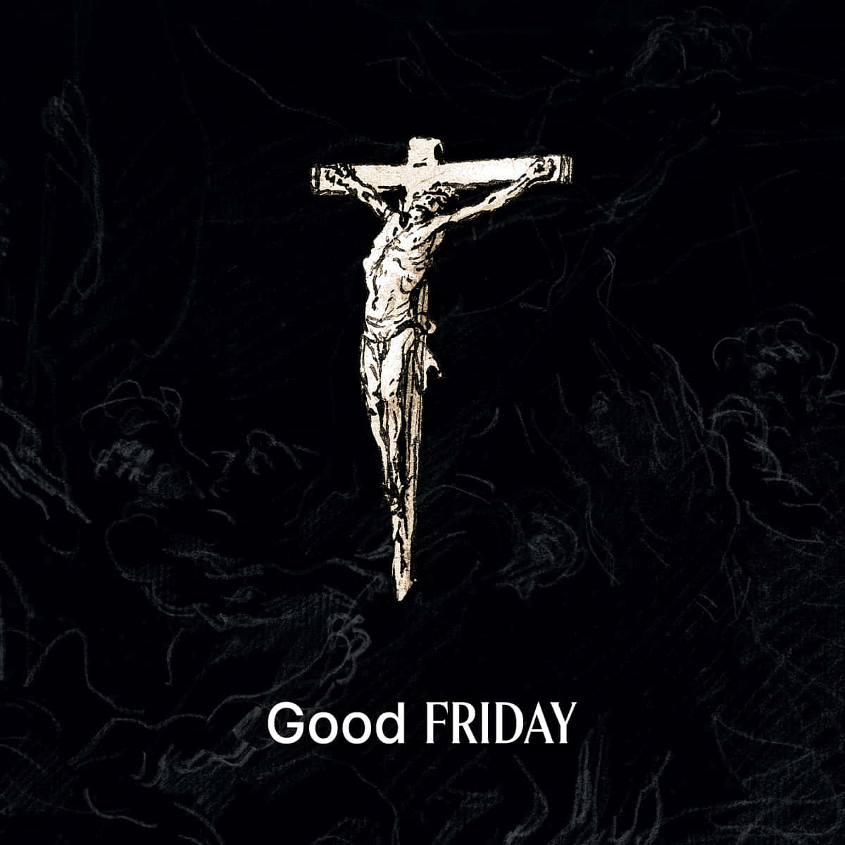 耶穌受難日 桌布 壁紙 — 一個鮮明的白色 crucifixion 場景，背景為深色紋理，帶有旋轉的煙霧，下方有文字 Good FRIDAY。