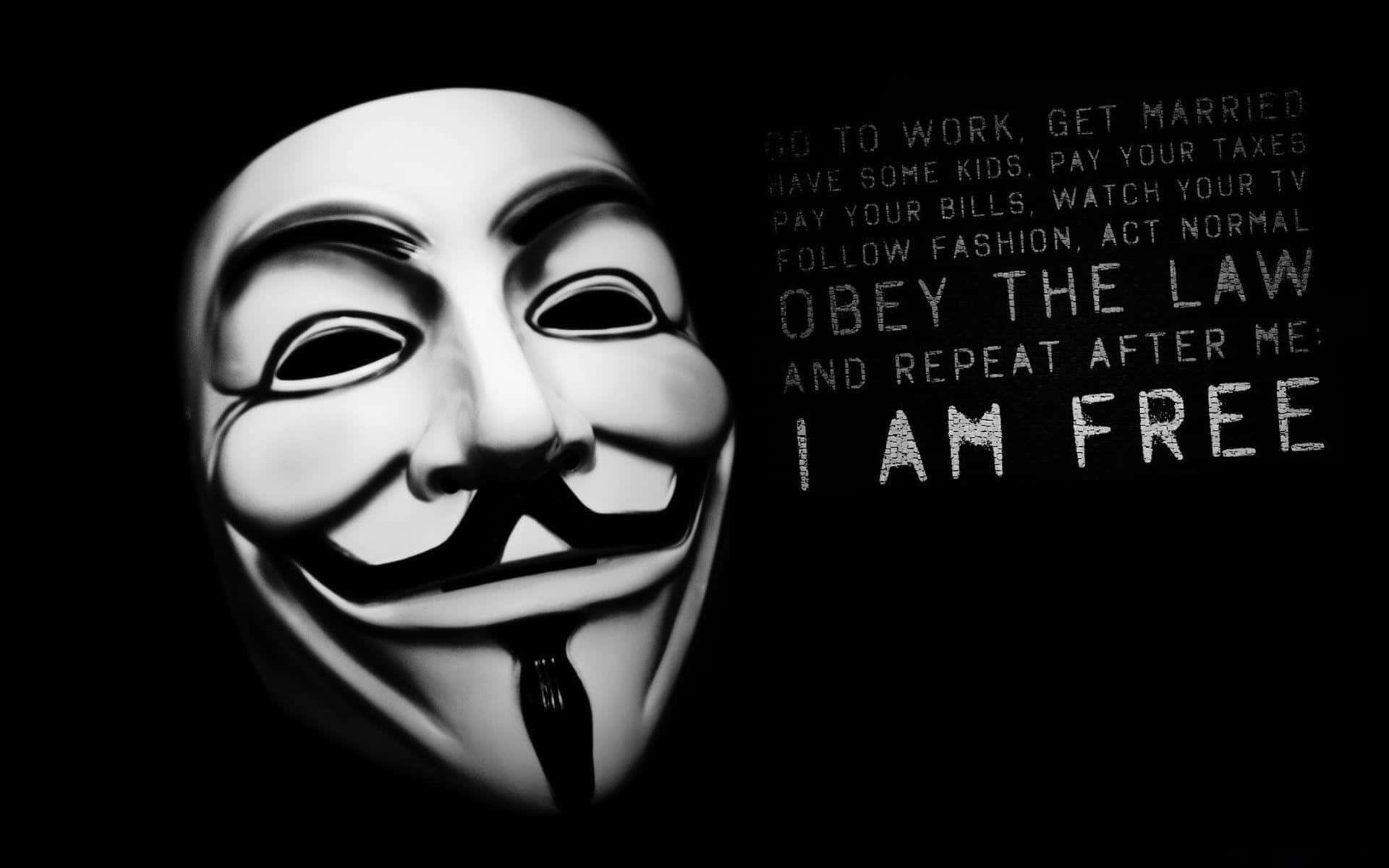 Anonymous 桌布 壁紙 — 一個鮮明的白色 Guy Fawkes 面具在黑色背景上發光，旁邊是粗體文字，在社會從眾中宣告自由。