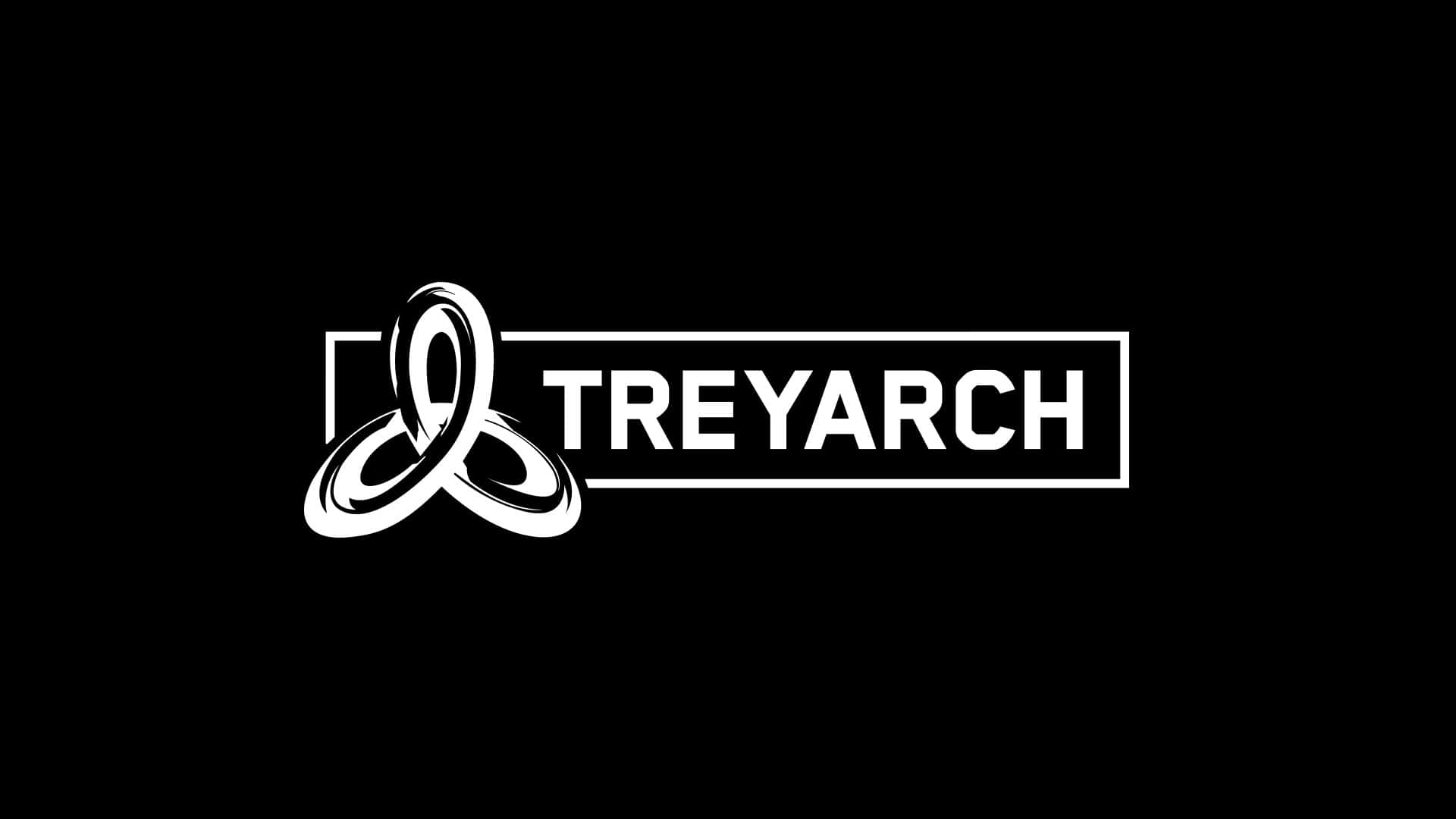 Treyarch 桌布 壁紙 — 一個鮮明的白色Treyarch標誌，中央有一個風格化的結飾圖案，置於純黑色背景上。