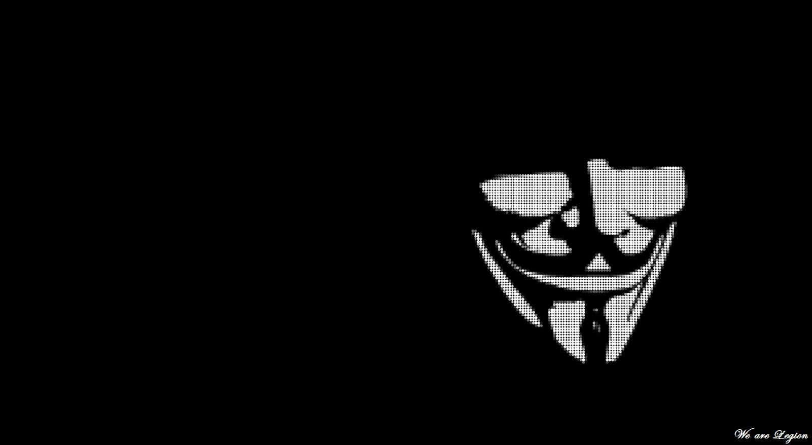 Anonymous 桌布 壁紙 — 一個鮮明的白色像素化蓋伊·福克斯面具在純黑色背景上發光，角落有文字 We are Legion。