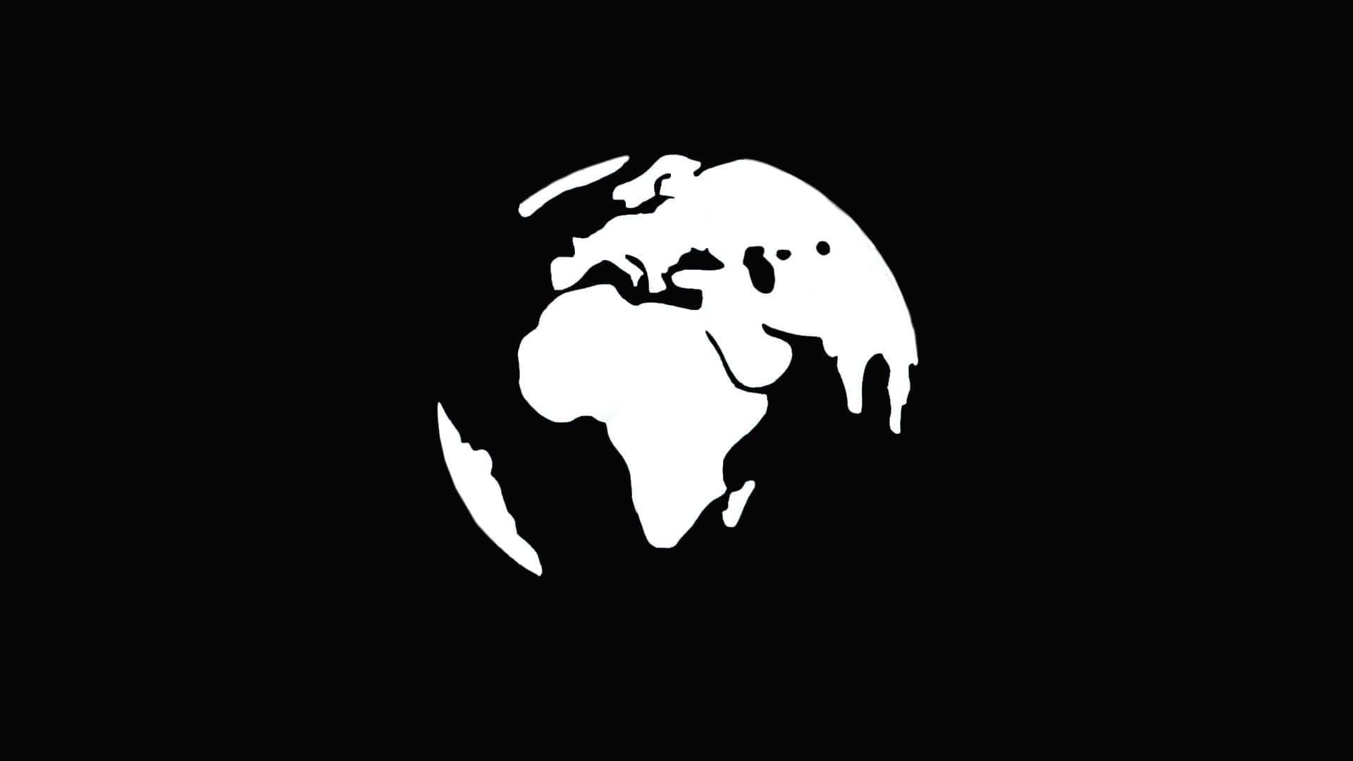 Minimalist Black And White 桌布 壁紙 — 一個鮮明的白色剪影，描繪一個正在融化的地球，背景為黑色，大陸正在滴落。