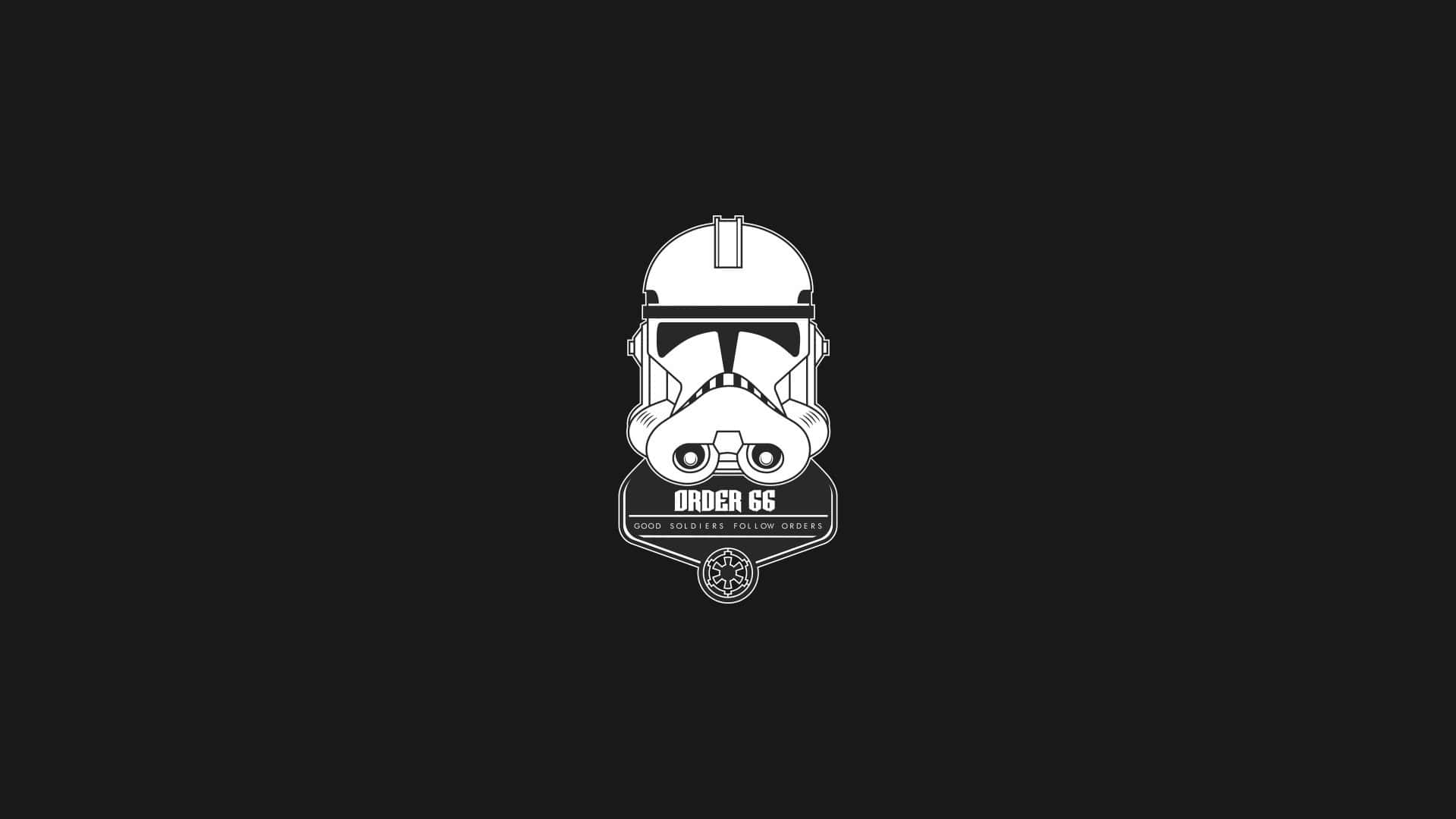 The Order 66 桌布 壁紙 — 一個鮮明的白色極簡插圖，描繪了風暴兵頭盔，上面有「ORDER 66」文字，背景為黑色。