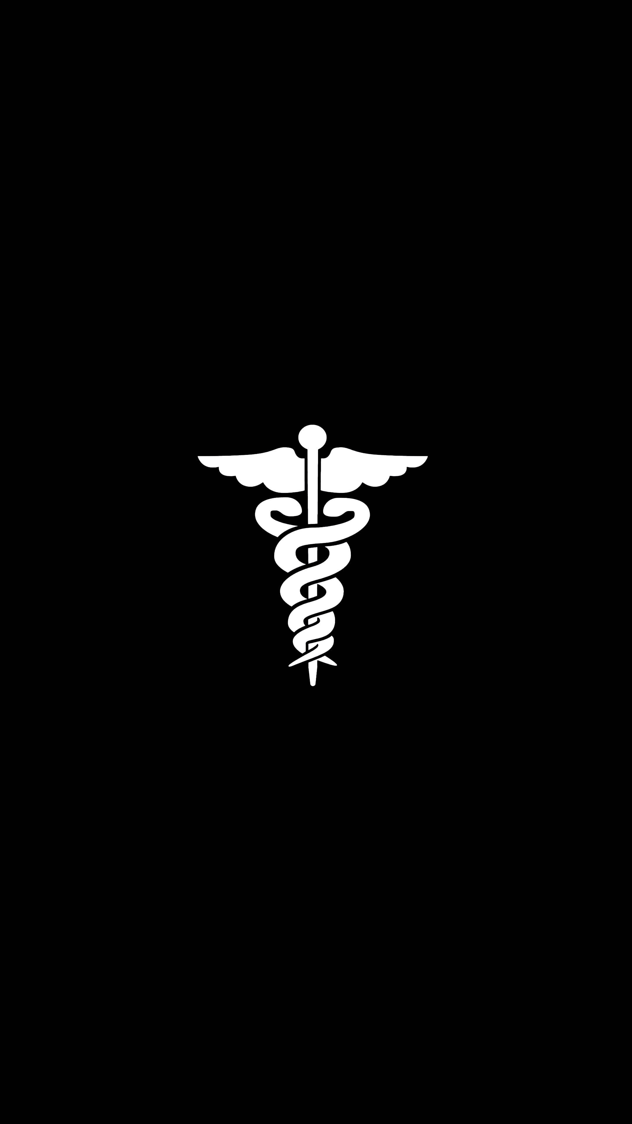 doctor symbol 桌布 壁紙 — 一個鮮明的白色雙蛇杖符號置於純黑色背景中央，營造出極簡的醫療標誌。