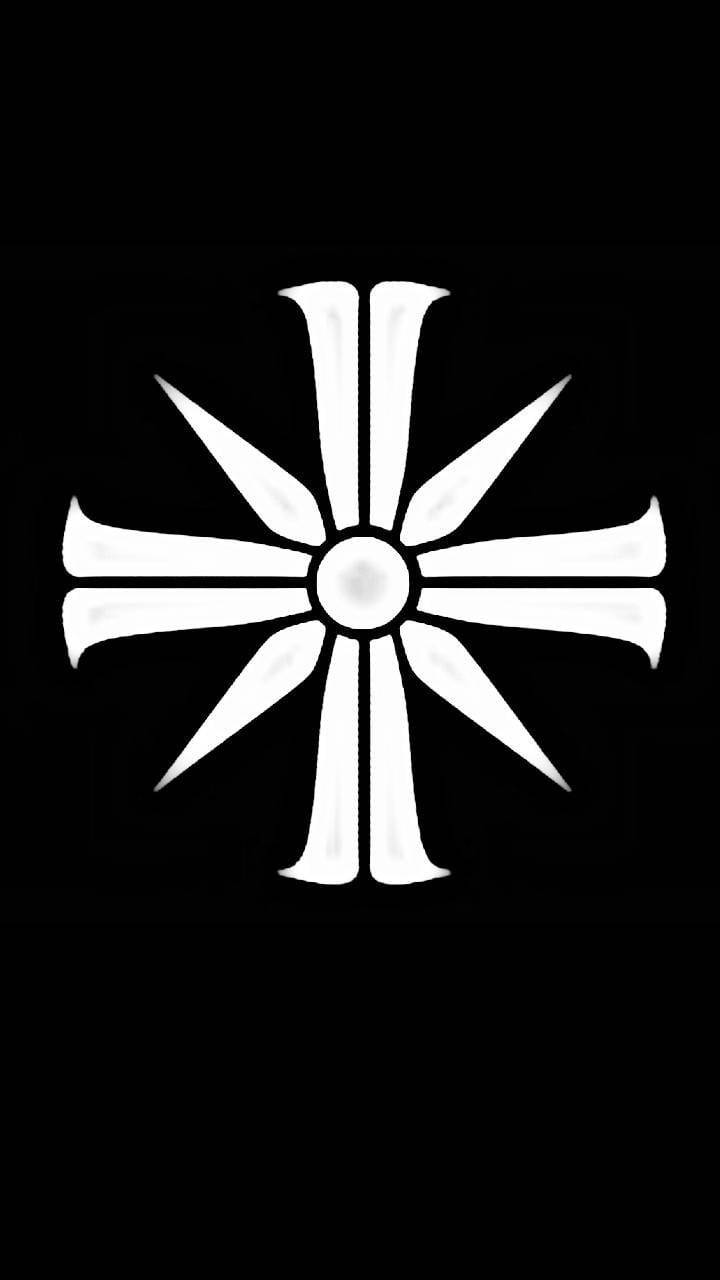 Logo 桌布 壁紙 — 一個鮮明的白色風格化太陽爆發標誌，帶有八個尖銳射線，在純黑色背景上放射光芒。