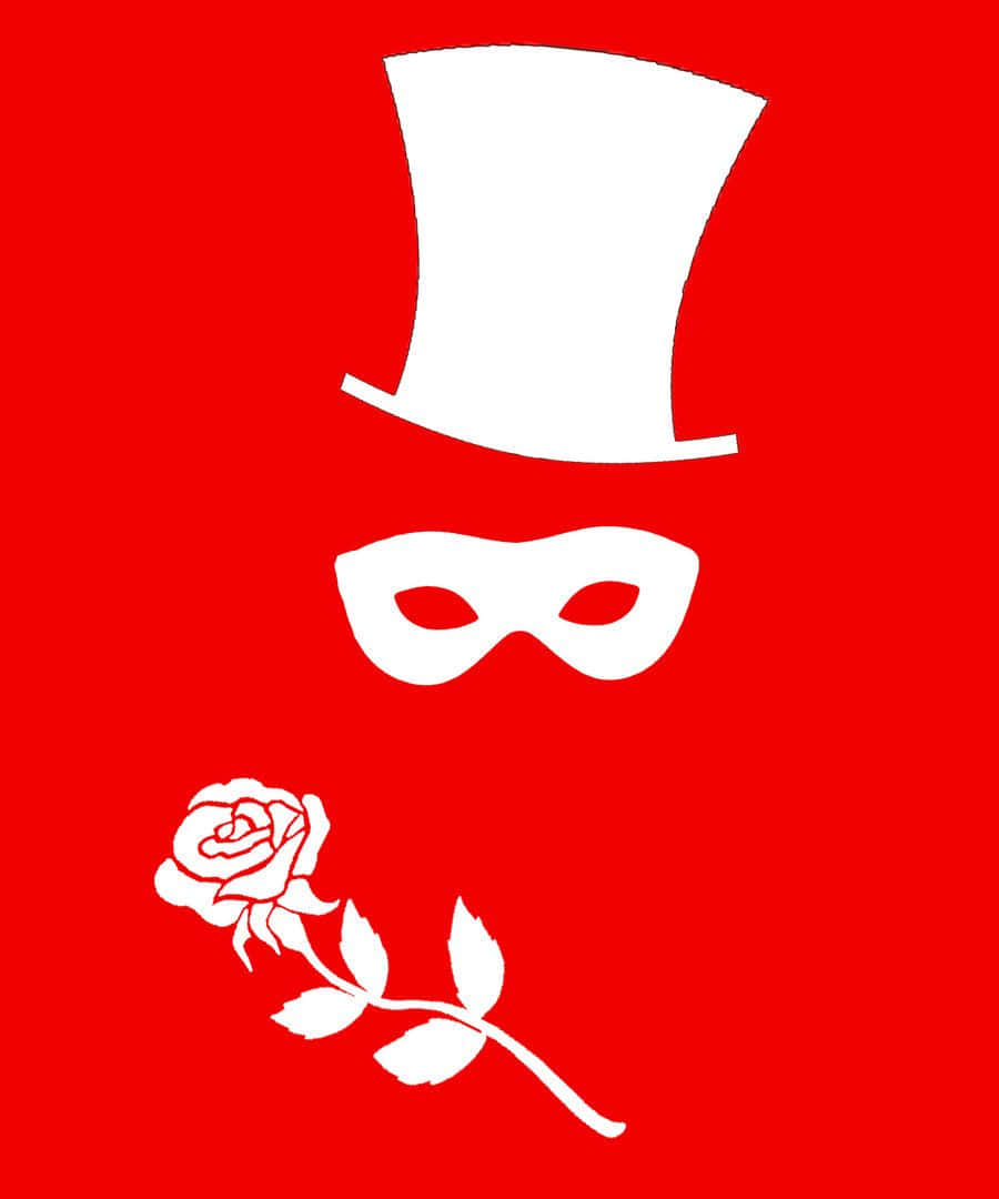 tuxedo mask 桌布 壁紙 — 一個鮮明的白色高帽和面具剪影，在鮮紅色背景上手持一朵玫瑰。