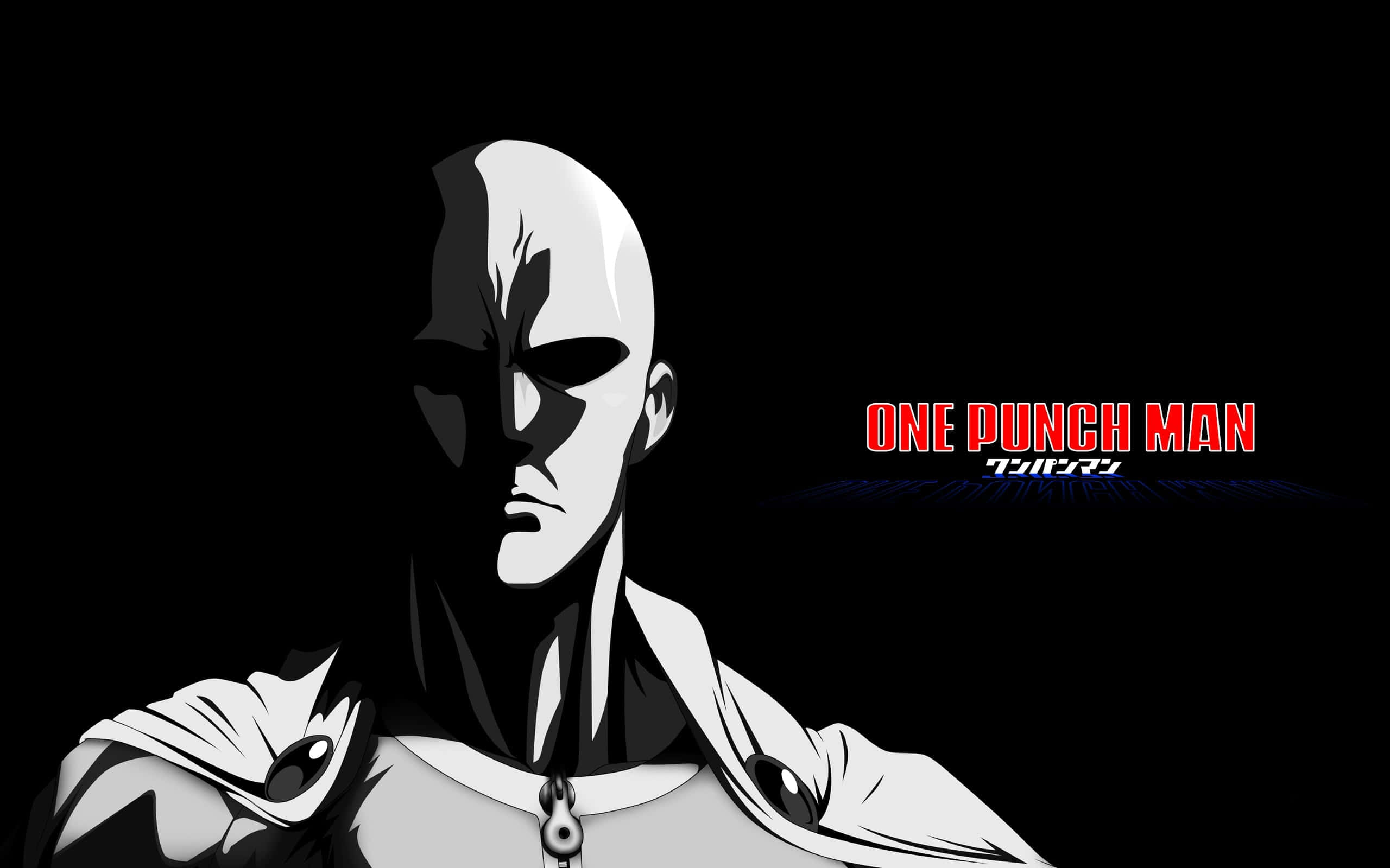 One Punch Man Minimalist 桌布 壁紙 — 一個鮮明的黑白動漫角色，半張臉在陰影中，站在帶有紅色文字的深色背景前。