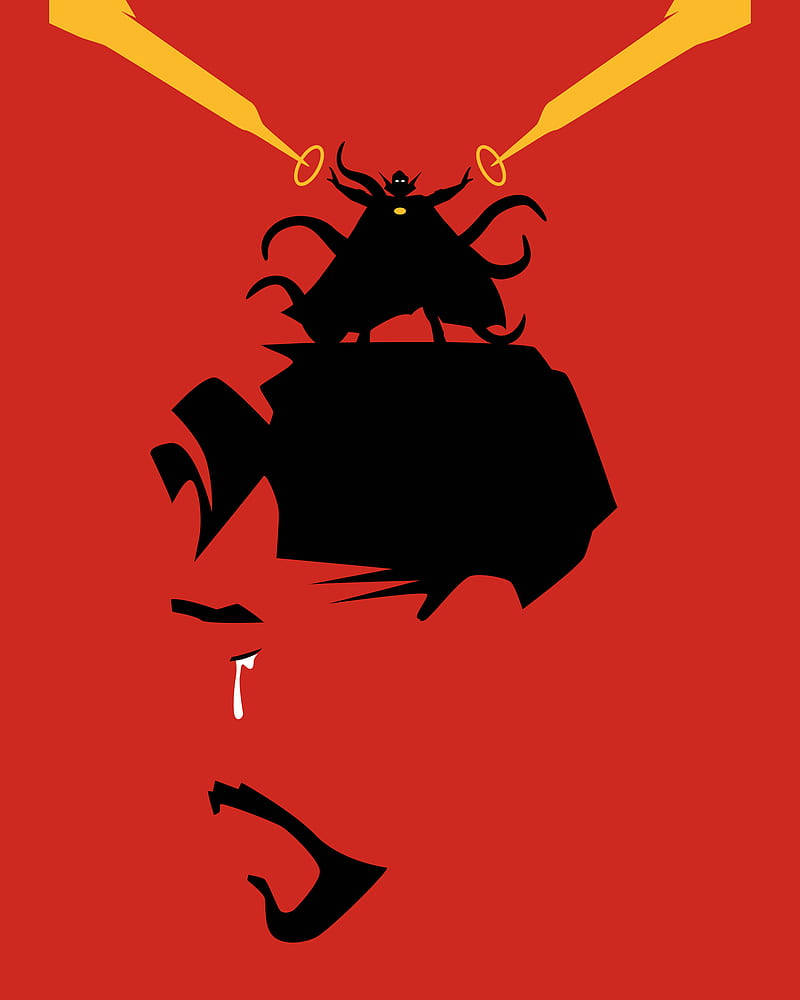  壁紙 — 一個鮮明的黑色剪影，描繪一個觸手怪物棲息在人類頭部剪影之上，被兩支金色注射器刺穿，背景為鮮紅色。