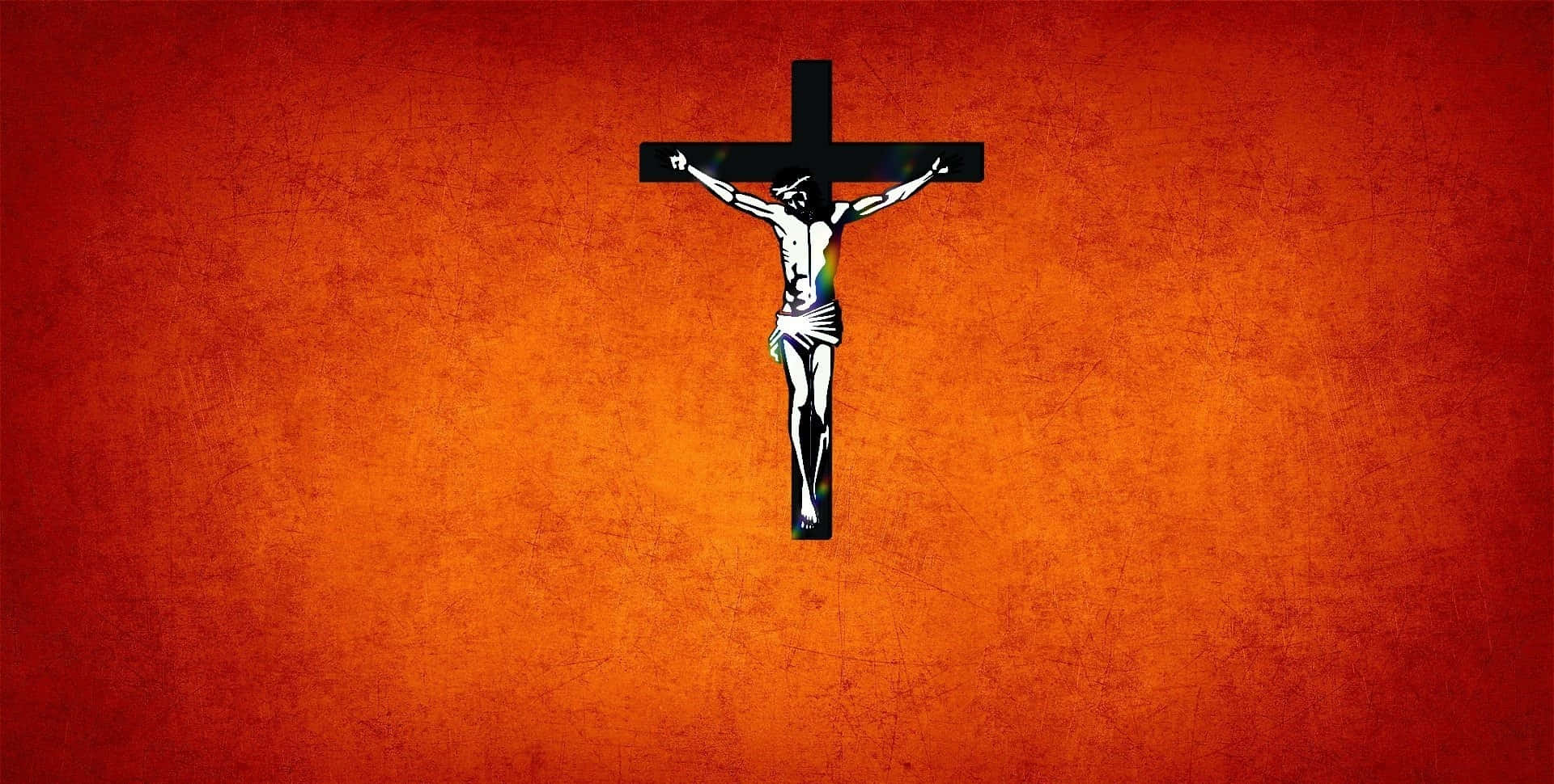 Jesus Crucifixion 桌布 壁紙 — 一個鮮明的黑色十字架，帶有白色的耶穌像，居中放置在帶有紋理的火焰橙色背景上。