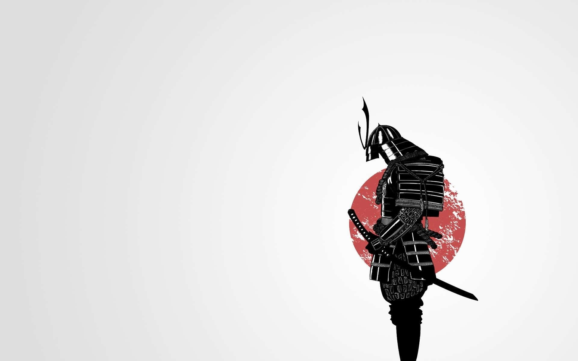 Bushido 桌布 壁紙 — 一個鮮明的黑色武士剪影，在淺灰色背景上，以帶紋理的紅色圓形為背景，擺出姿勢。