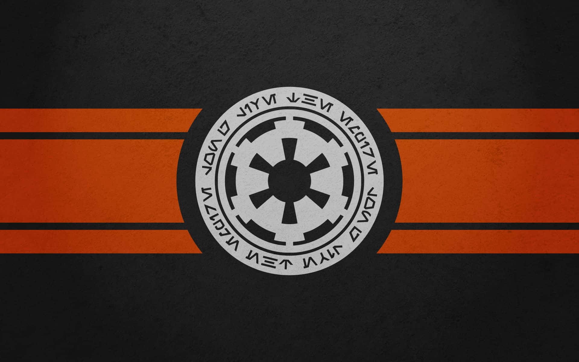 Galactic Empire 桌布 壁紙 — 一個鮮明的黑色背景，中央有一個白色的帝國徽章，兩側是帶有細微紋理的醒目橙色條紋。