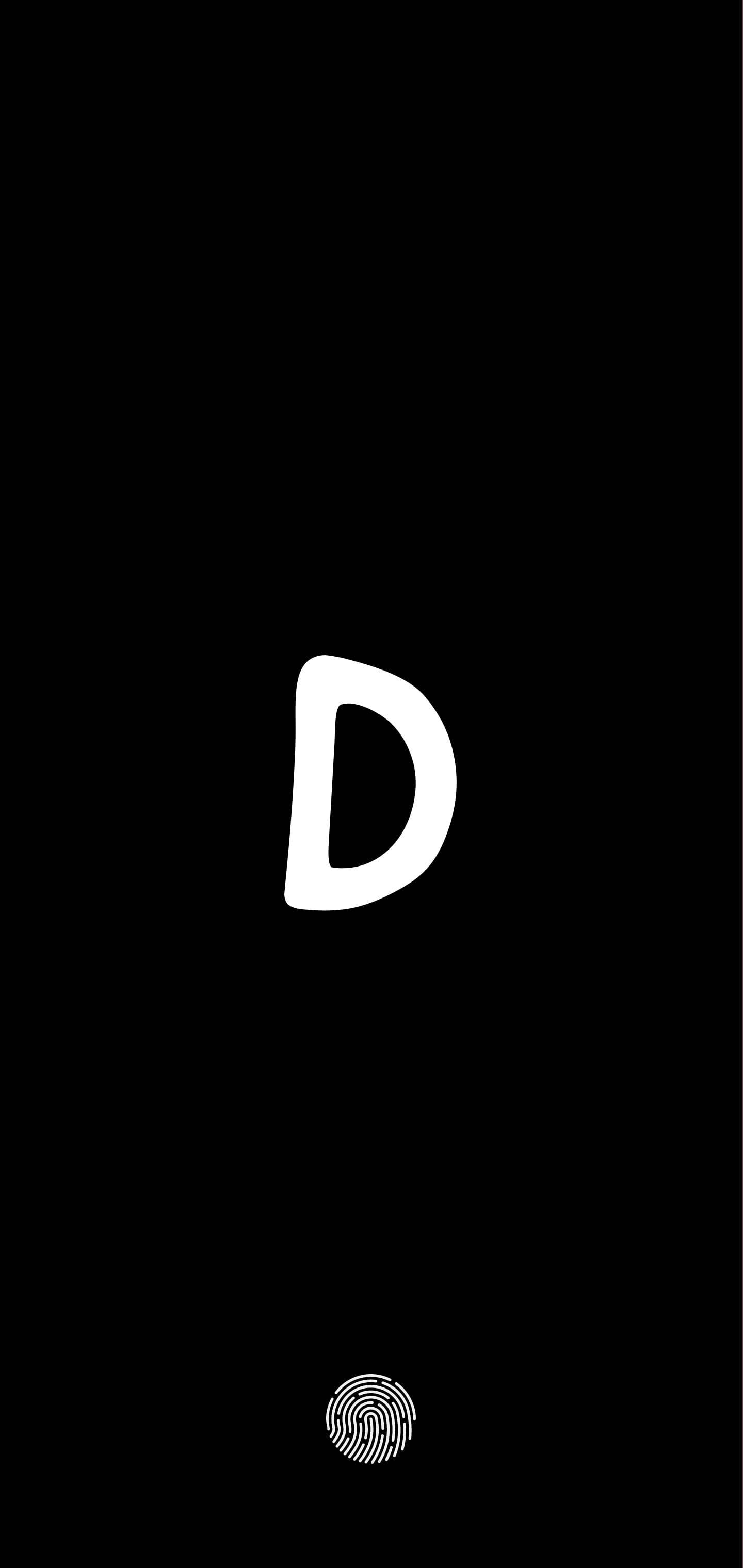 鎖屏 桌布 壁紙 — 一個鮮明的黑色背景，中央有一個粗體白色字母 D，下方有一個細小的指紋圖示。