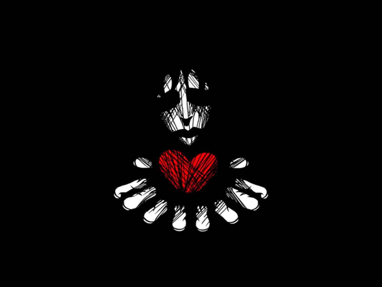 Dark Emo 桌布 壁紙 — 一個鮮明的黑色背景上，有一個白色素描的臉，位於兩隻手之上，雙手捧著一個鮮紅色的心。