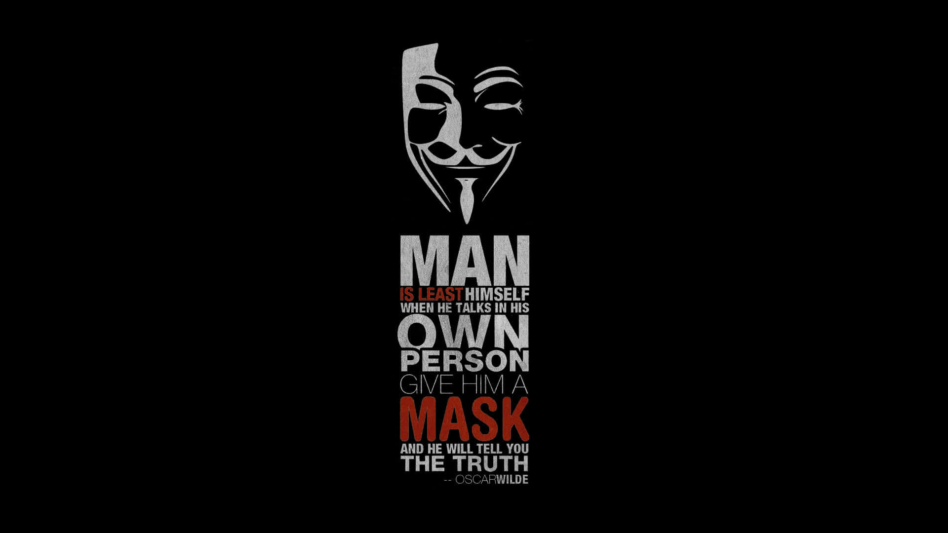 Anonymous 桌布 壁紙 — 一個鮮明的黑色背景上，有一個白色的 Guy Fawkes 面具，上方是奧斯卡·王爾德關於真相與面具的大膽引言。