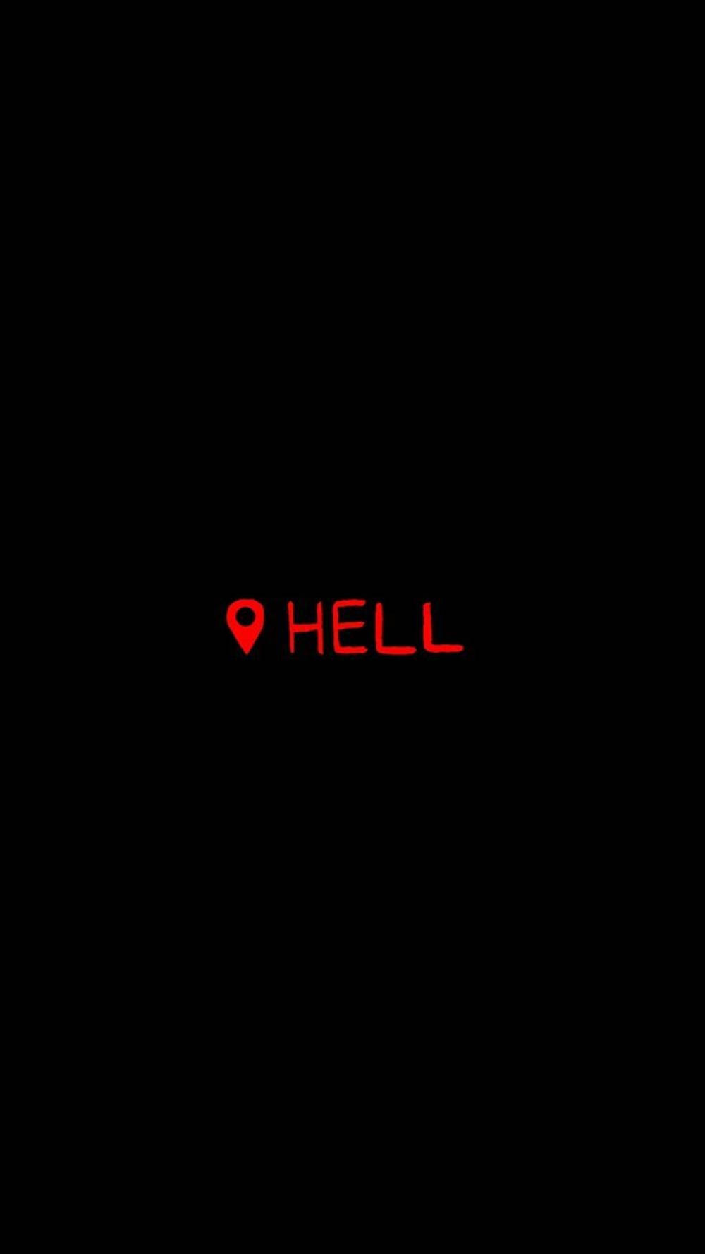 google 桌布 壁紙 — 一個鮮明的黑色背景上，有發光的紅色文字寫著 HELL，旁邊有一個位置圖釘圖示。