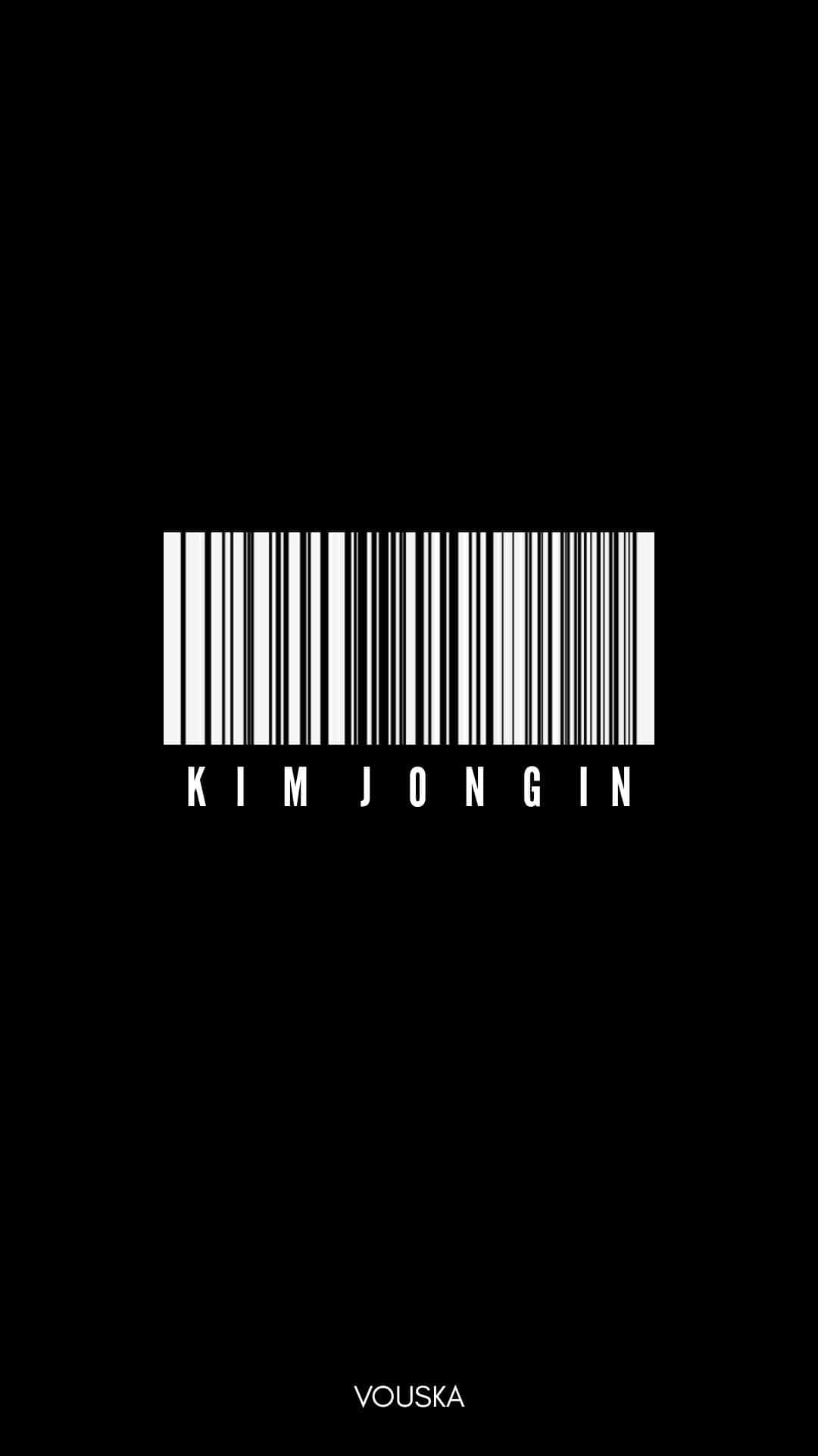 Barcode Scanning 桌布 壁紙 — 一個鮮明的黑色背景上有一個白色條碼，下方有 Kim Jong In 的名字，底部有一個細小的 VOUSKA 鳴謝。