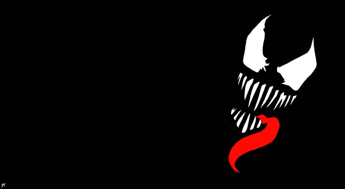Scary Venom 桌布 壁紙 — 一個鮮明的黑色背景上有一個白色的毒液面具，帶有鋒利的牙齒和一條向下延伸的鮮紅色舌頭。