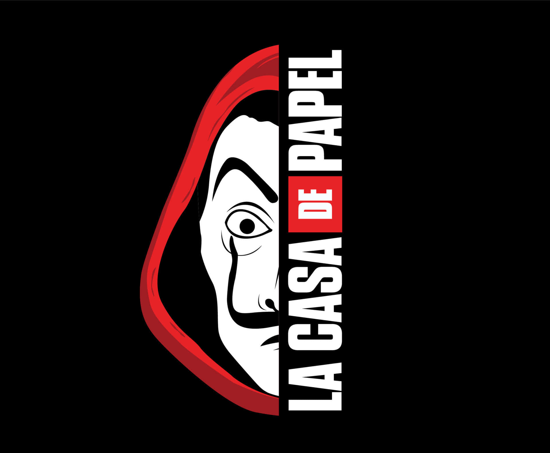 Money Heist 桌布 壁紙 — 一個鮮明的黑色背景上有一個風格化的白色面孔，戴著紅色連帽，並有粗體文字寫著 La Casa de Papel。