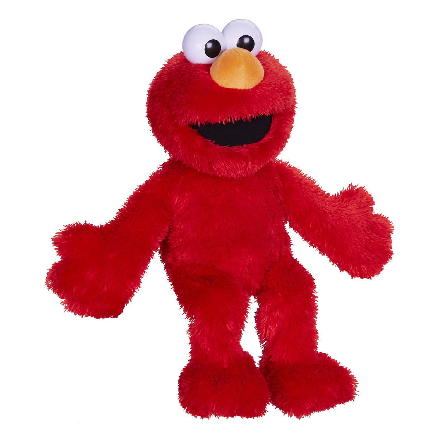 Elmo 桌布 壁紙 — 一個鮮紅色、毛茸茸的Elmo毛公仔，有著大大的白色眼睛和燦爛的笑容，站在純白色背景前。