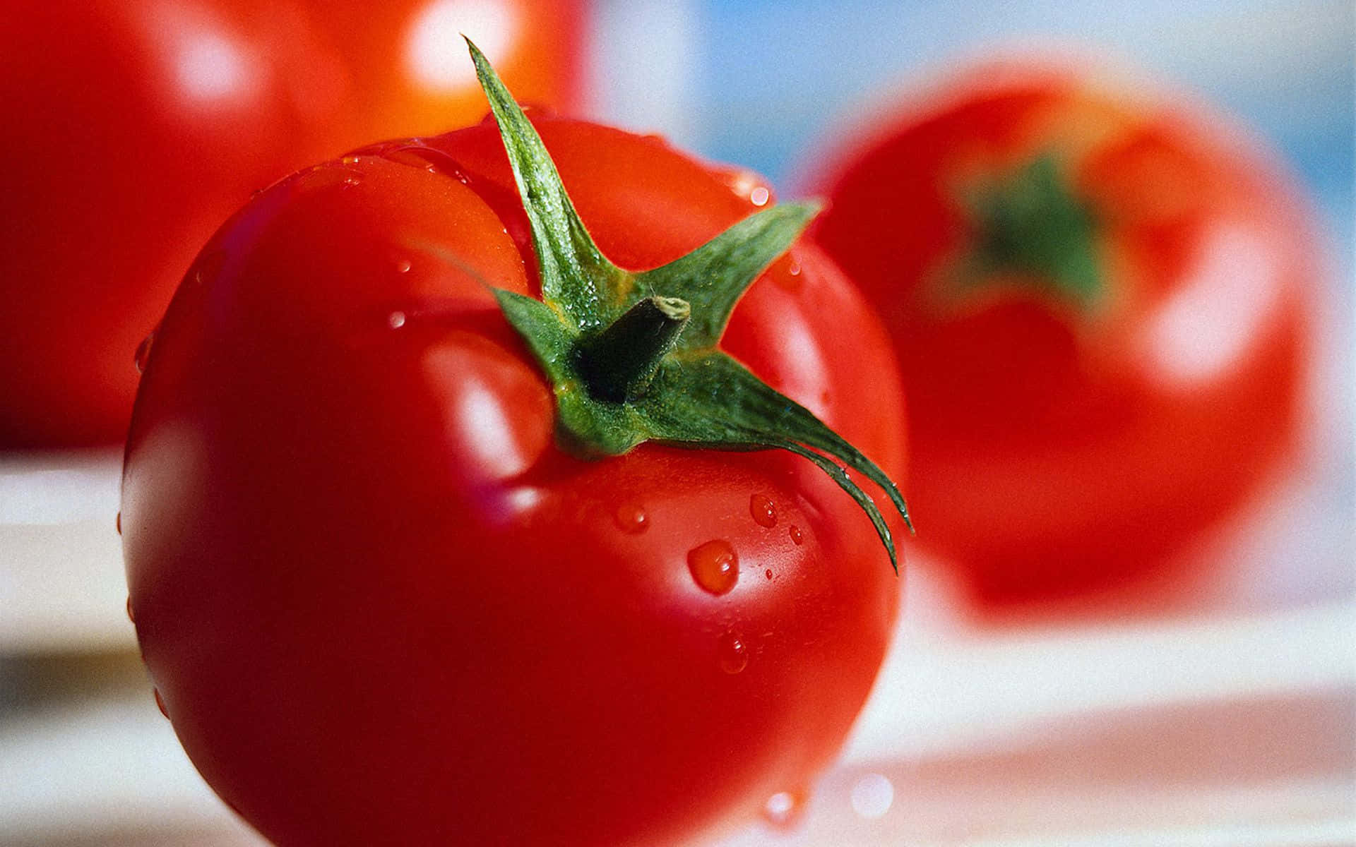 tomato 桌布 壁紙 — 一個鮮紅色番茄的特寫，表面有閃爍的水珠和綠色莖部。