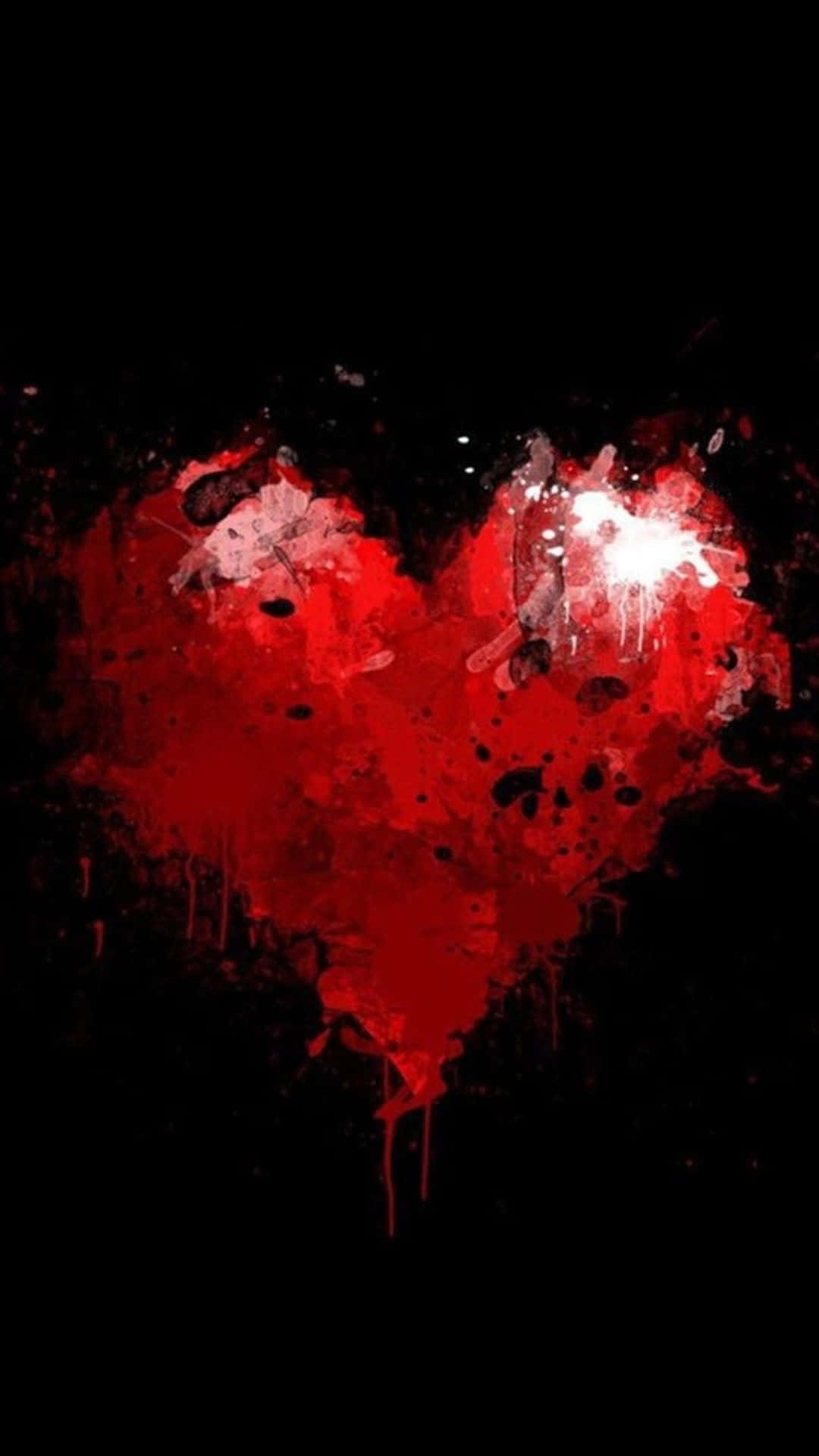 Broken Heart Black 桌布 壁紙 — 一個鮮紅色的心臟被油漆濺灑，在純黑背景上滴落。